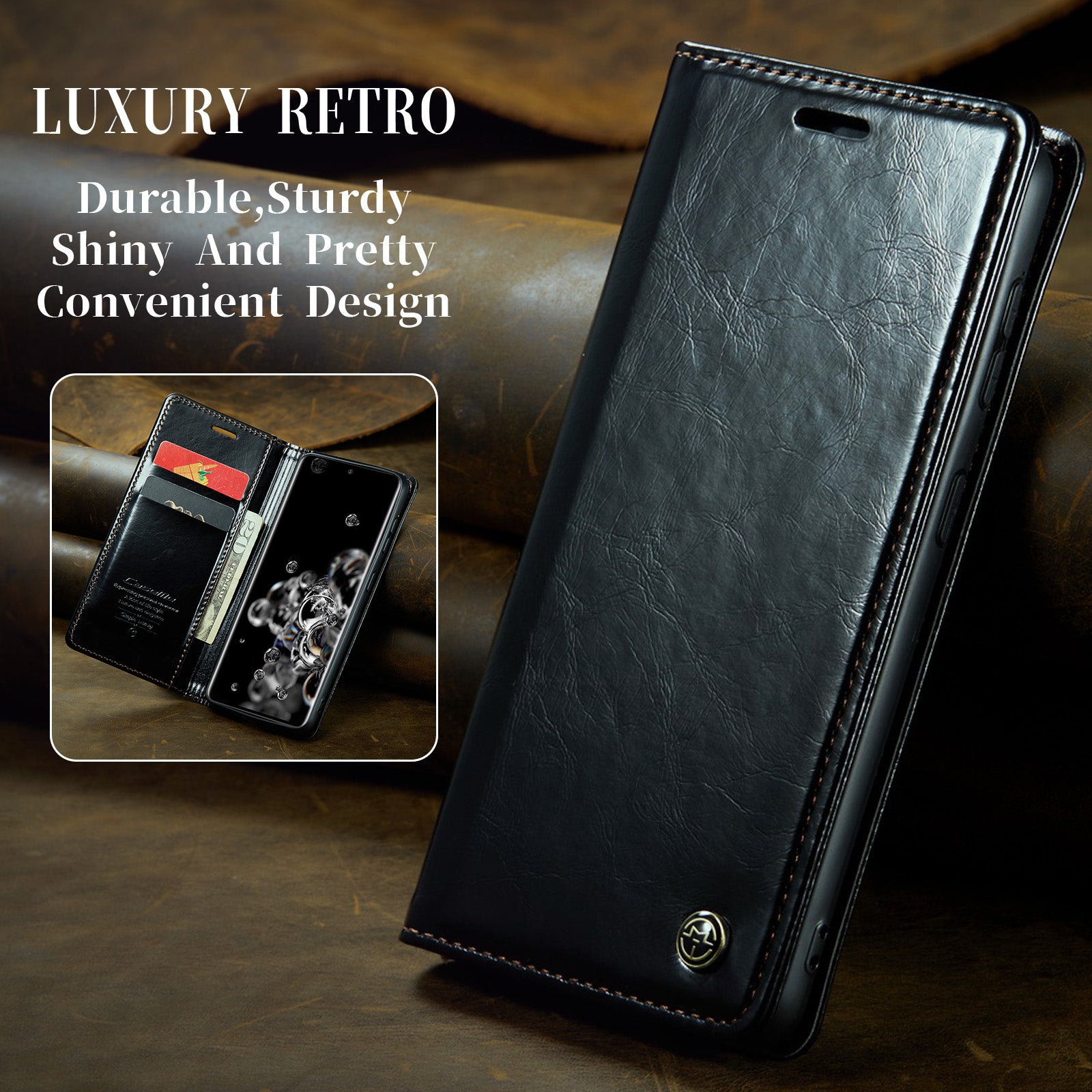 CASEME 003 Series For Samsung Galaxy S20 Ultra PU Leather Wallet Stand Case Waxy Texture Auto Closing Magnetic Phone Cover - Black