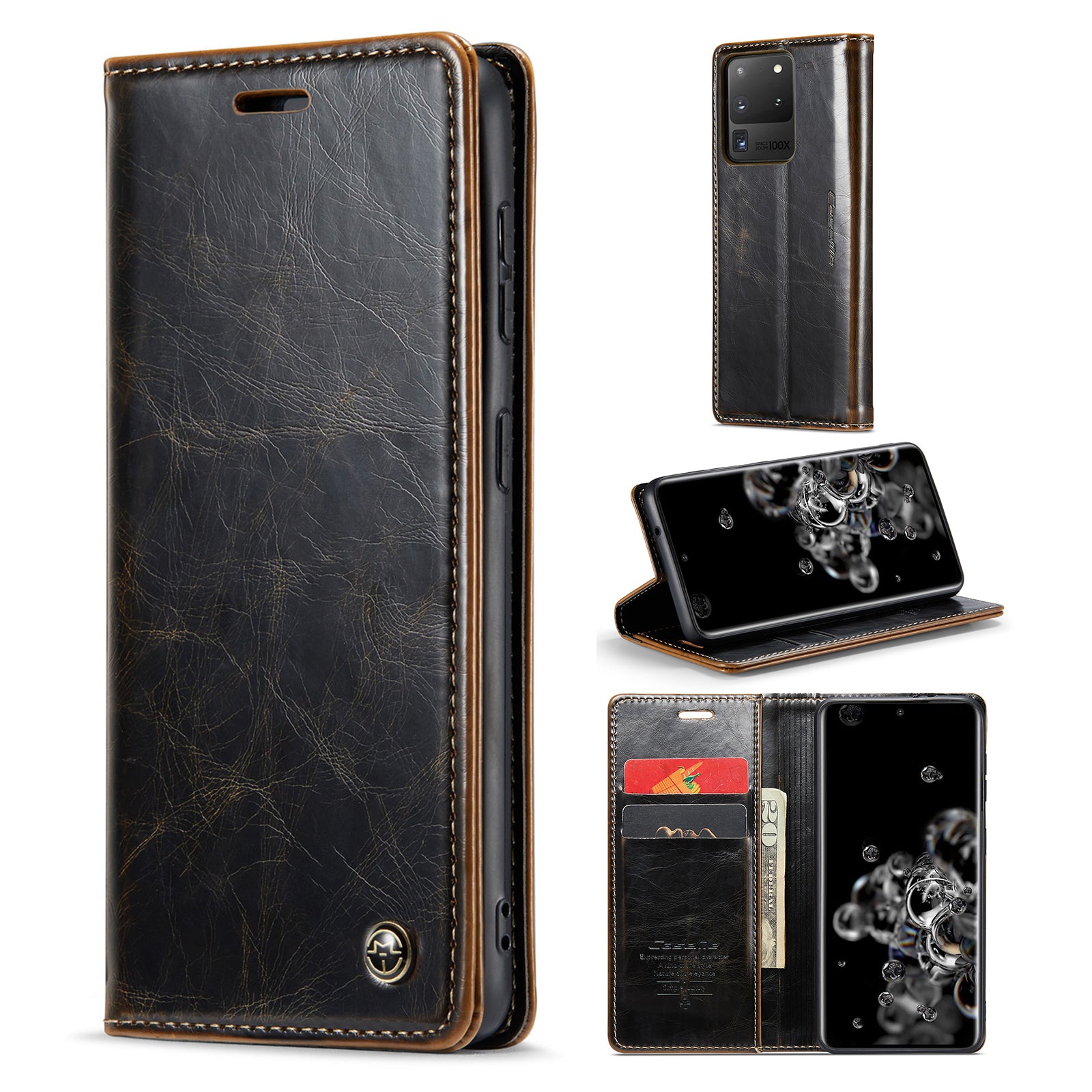 CASEME 003 Series For Samsung Galaxy S20 Ultra PU Leather Wallet Stand Case Waxy Texture Auto Closing Magnetic Phone Cover - Coffee