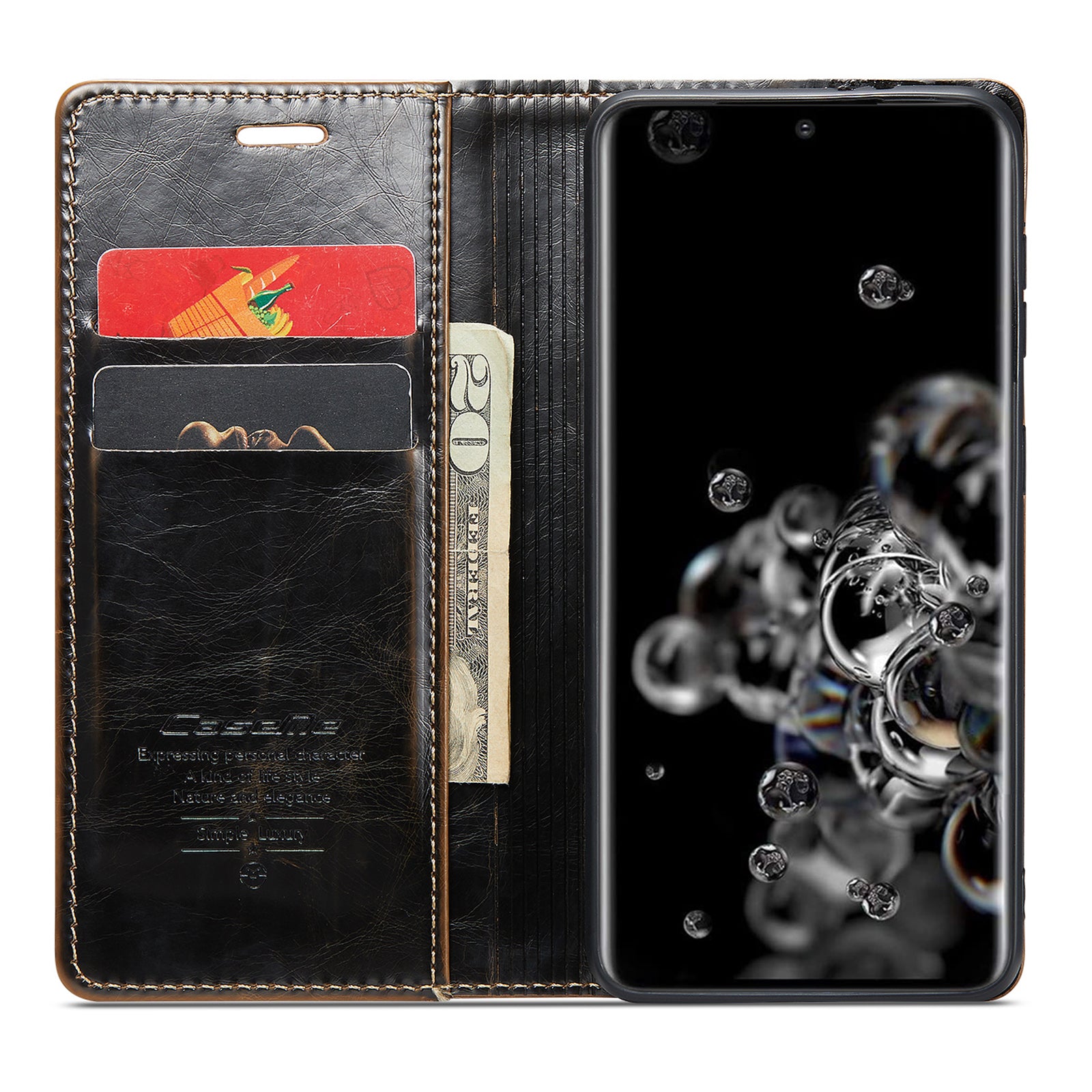 CASEME 003 Series For Samsung Galaxy S20 Ultra PU Leather Wallet Stand Case Waxy Texture Auto Closing Magnetic Phone Cover - Coffee