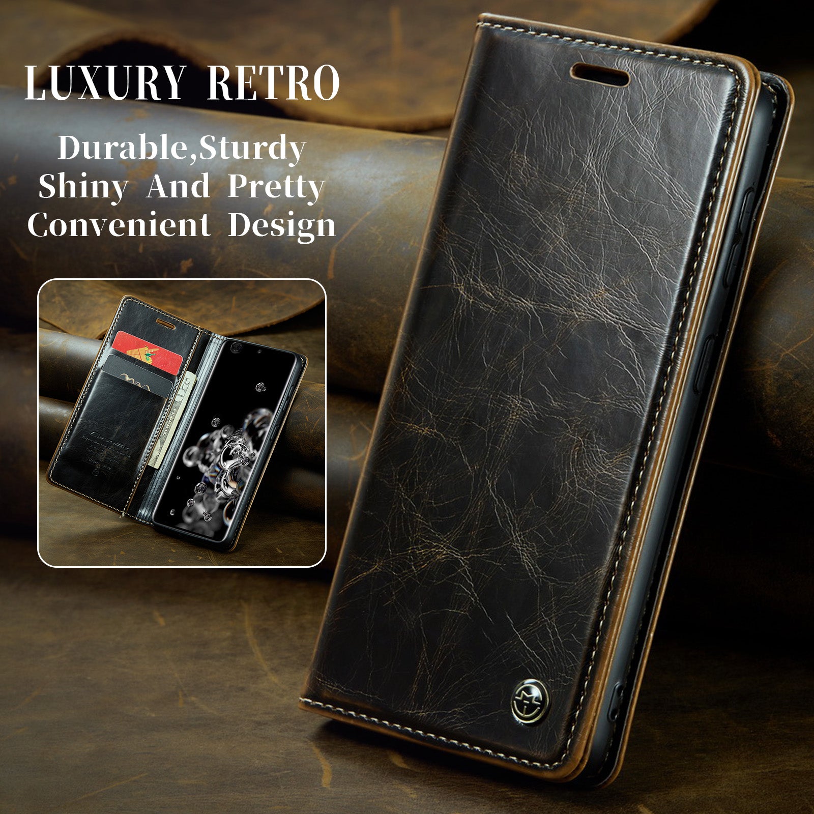 CASEME 003 Series For Samsung Galaxy S20 Ultra PU Leather Wallet Stand Case Waxy Texture Auto Closing Magnetic Phone Cover - Coffee