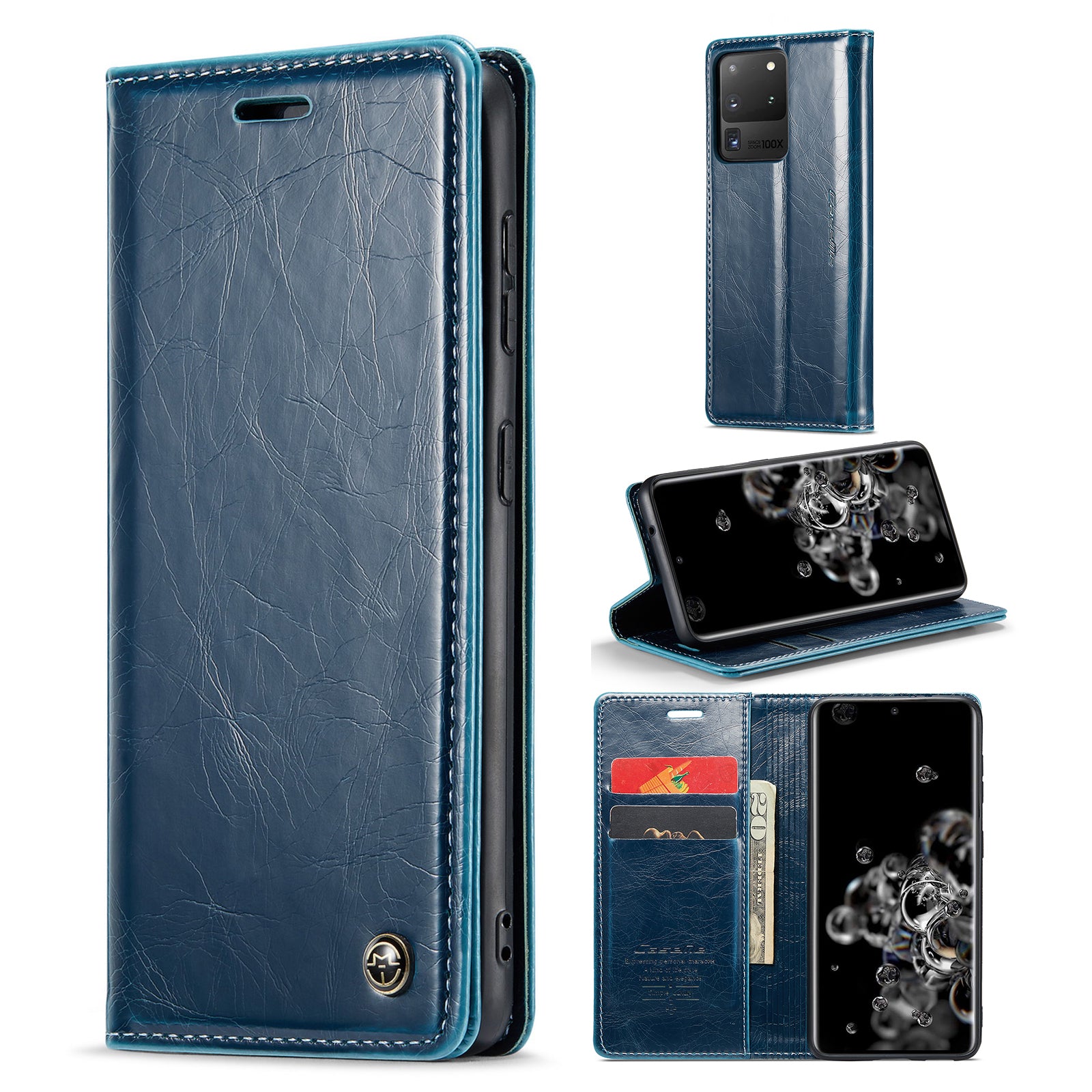 CASEME 003 Series For Samsung Galaxy S20 Ultra PU Leather Wallet Stand Case Waxy Texture Auto Closing Magnetic Phone Cover - Blue