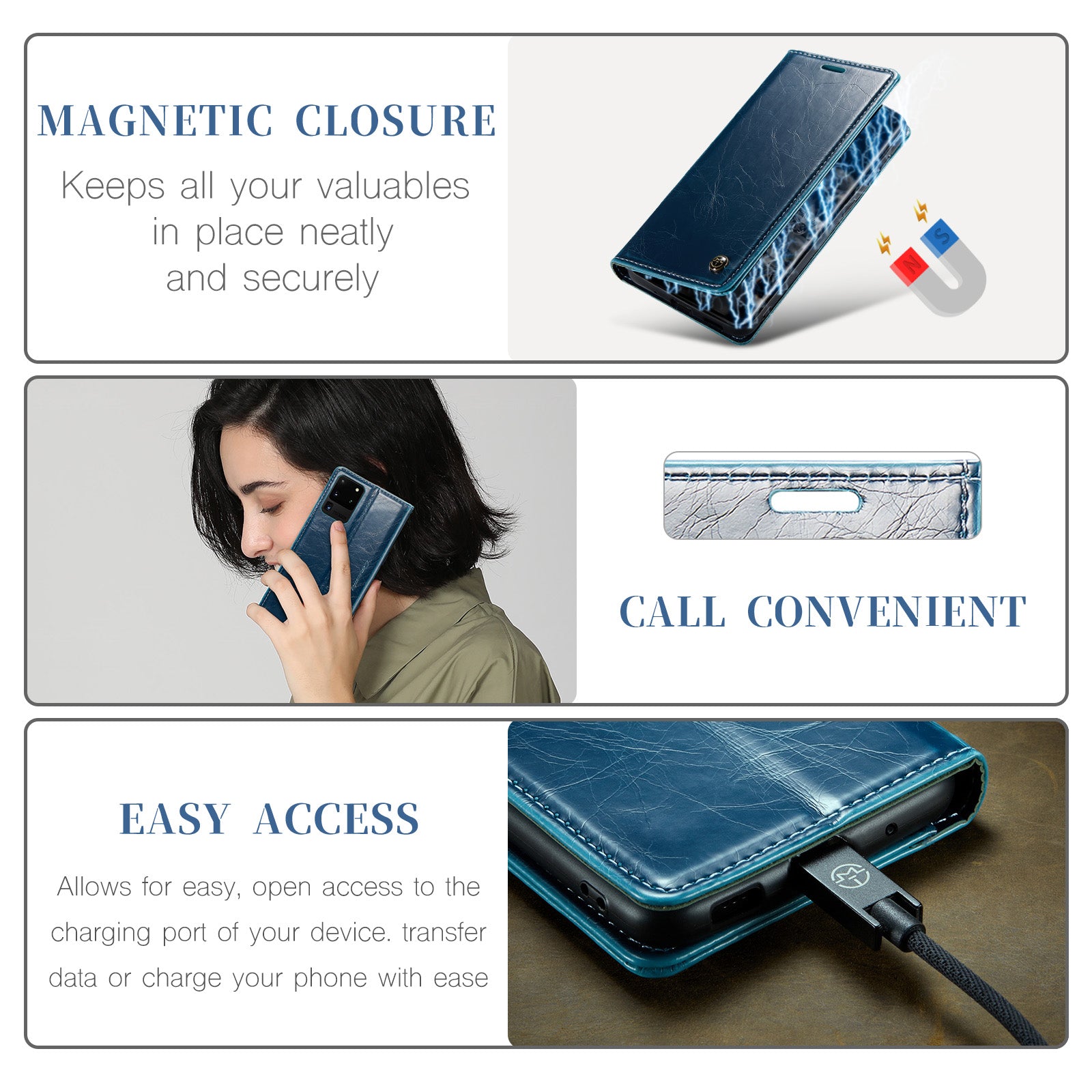 CASEME 003 Series For Samsung Galaxy S20 Ultra PU Leather Wallet Stand Case Waxy Texture Auto Closing Magnetic Phone Cover - Blue