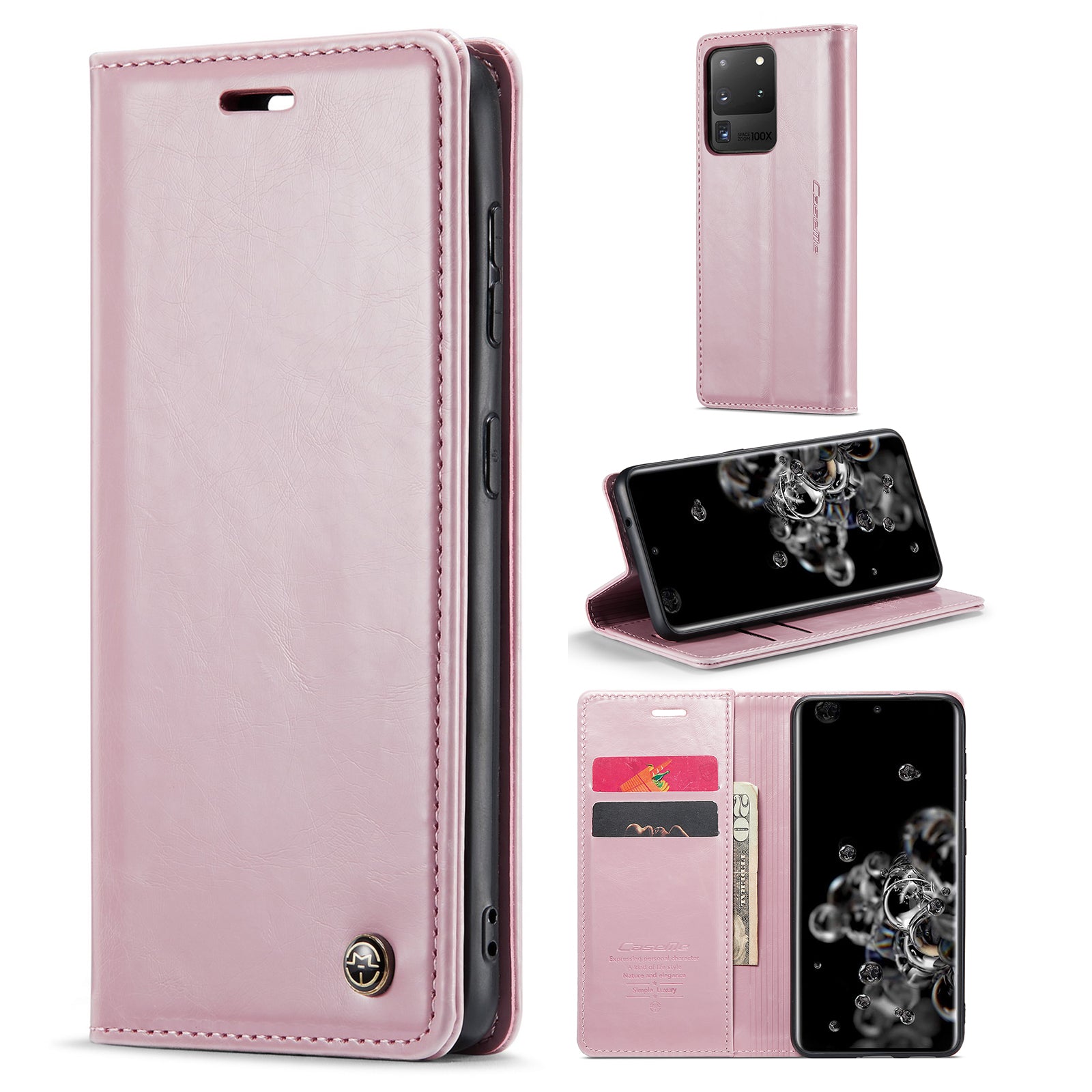 CASEME 003 Series For Samsung Galaxy S20 Ultra PU Leather Wallet Stand Case Waxy Texture Auto Closing Magnetic Phone Cover - Pink