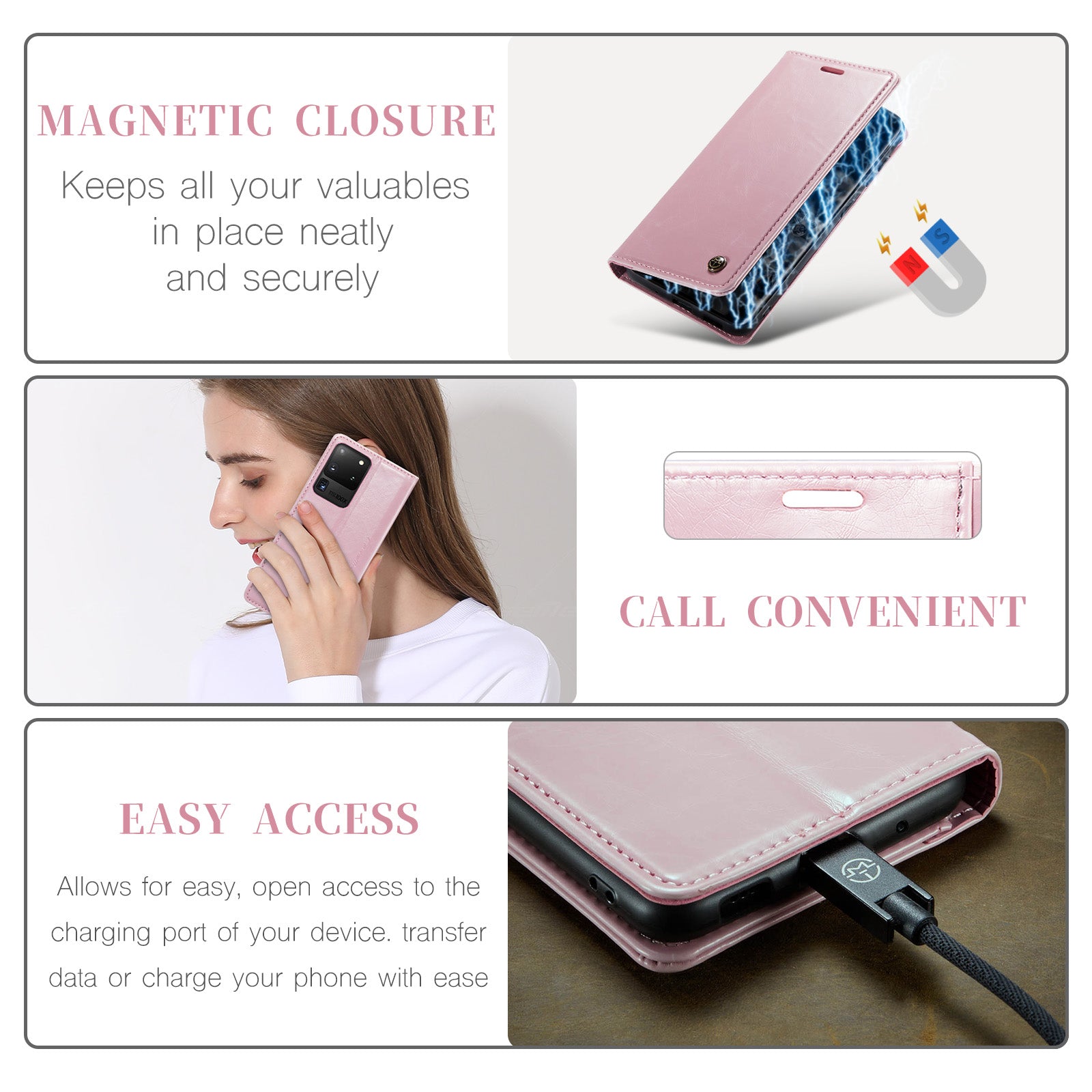 CASEME 003 Series For Samsung Galaxy S20 Ultra PU Leather Wallet Stand Case Waxy Texture Auto Closing Magnetic Phone Cover - Pink