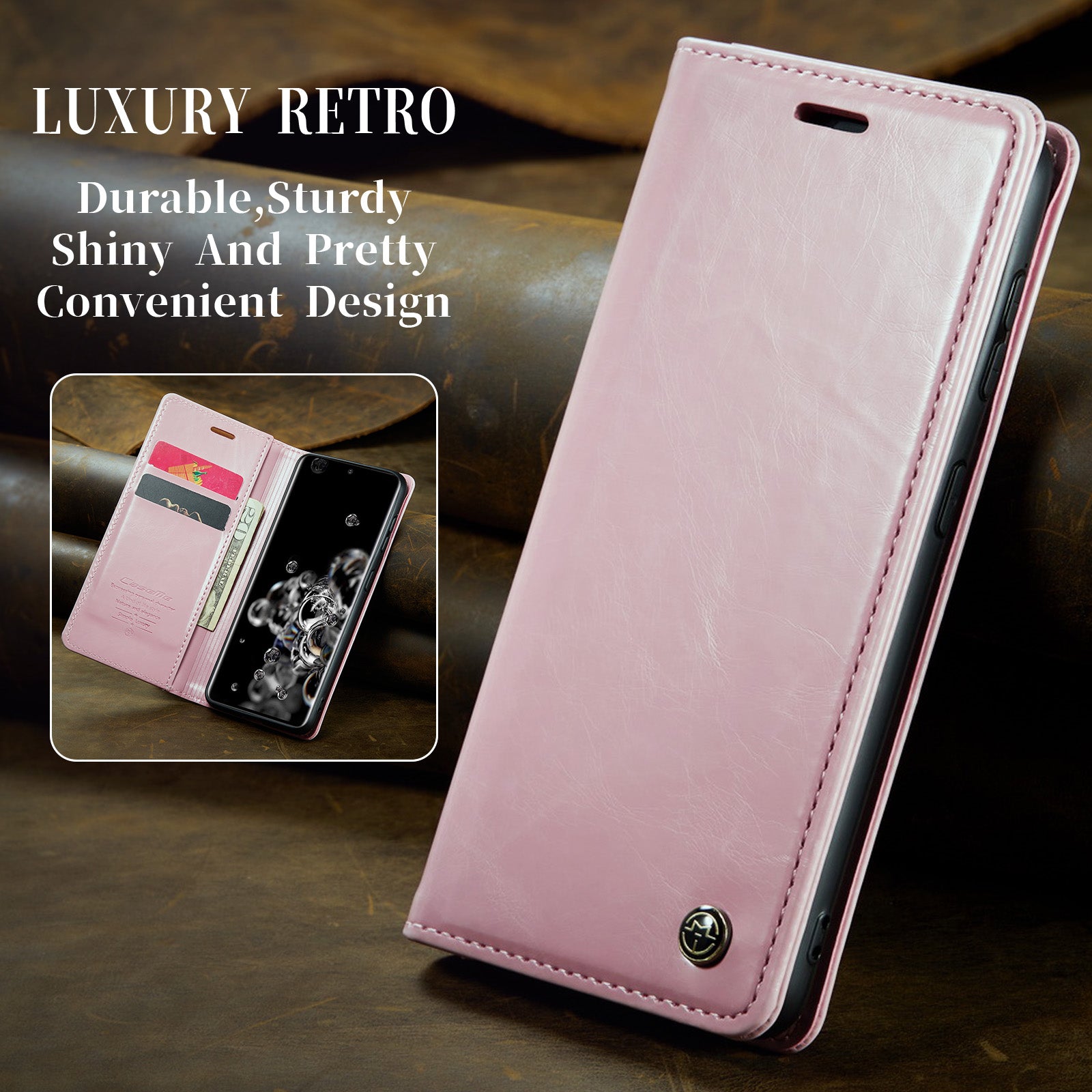 CASEME 003 Series For Samsung Galaxy S20 Ultra PU Leather Wallet Stand Case Waxy Texture Auto Closing Magnetic Phone Cover - Pink