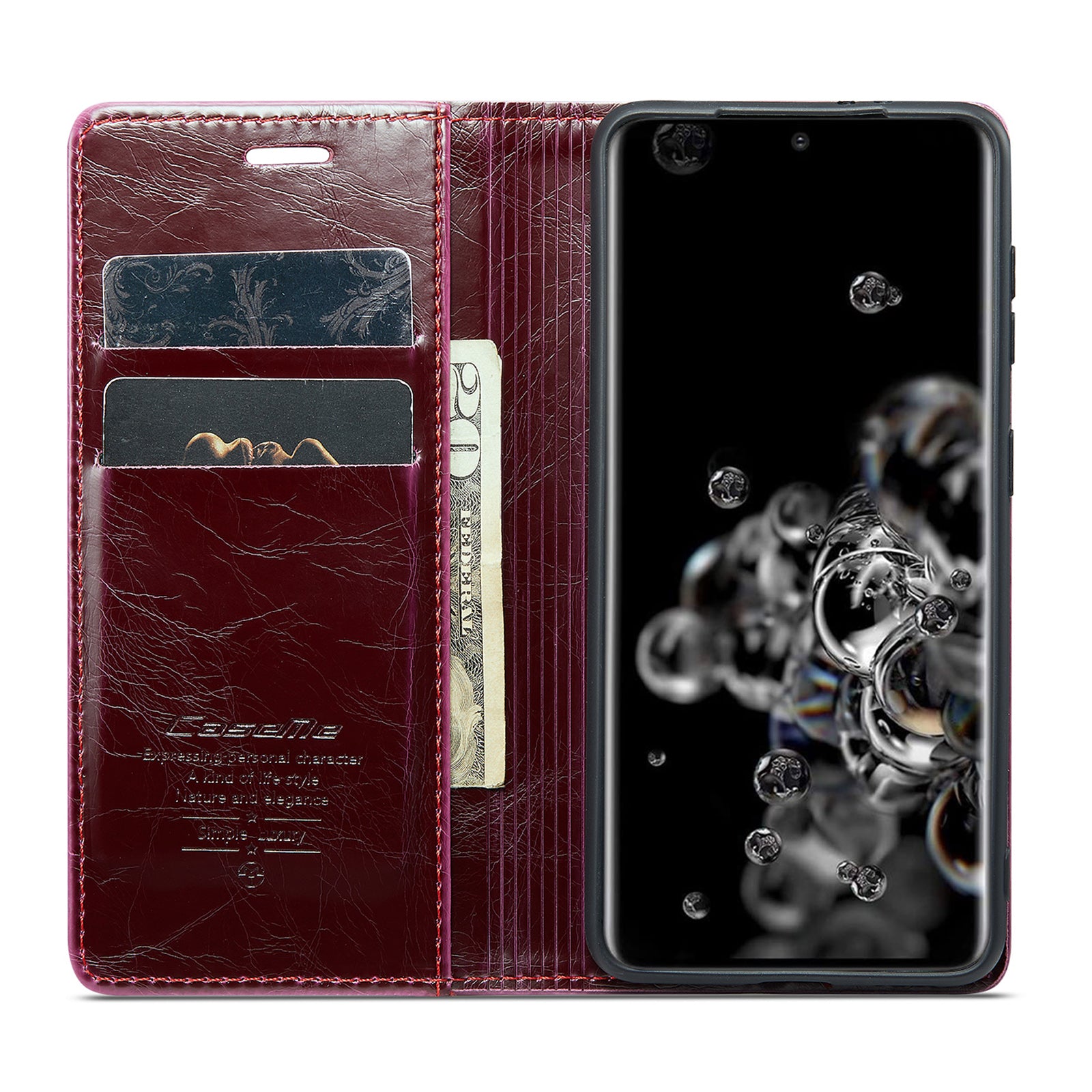 CASEME 003 Series For Samsung Galaxy S20 Ultra PU Leather Wallet Stand Case Waxy Texture Auto Closing Magnetic Phone Cover - Red