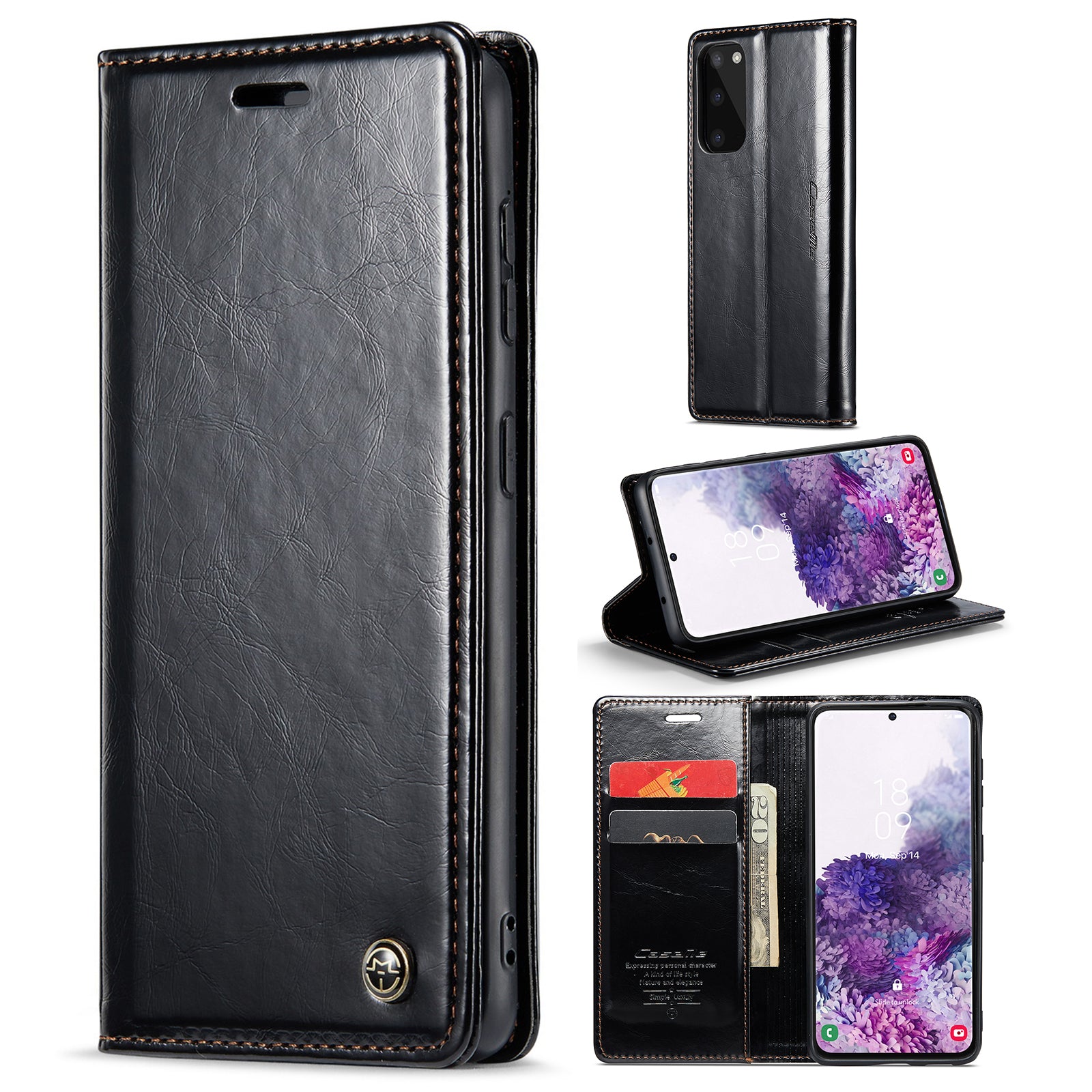 CASEME 003 Series For Samsung Galaxy S20 4G / 5G Waxy Texture Magnetic Auto-absorbed PU Leather Case Wallet Stand Phone Cover - Black