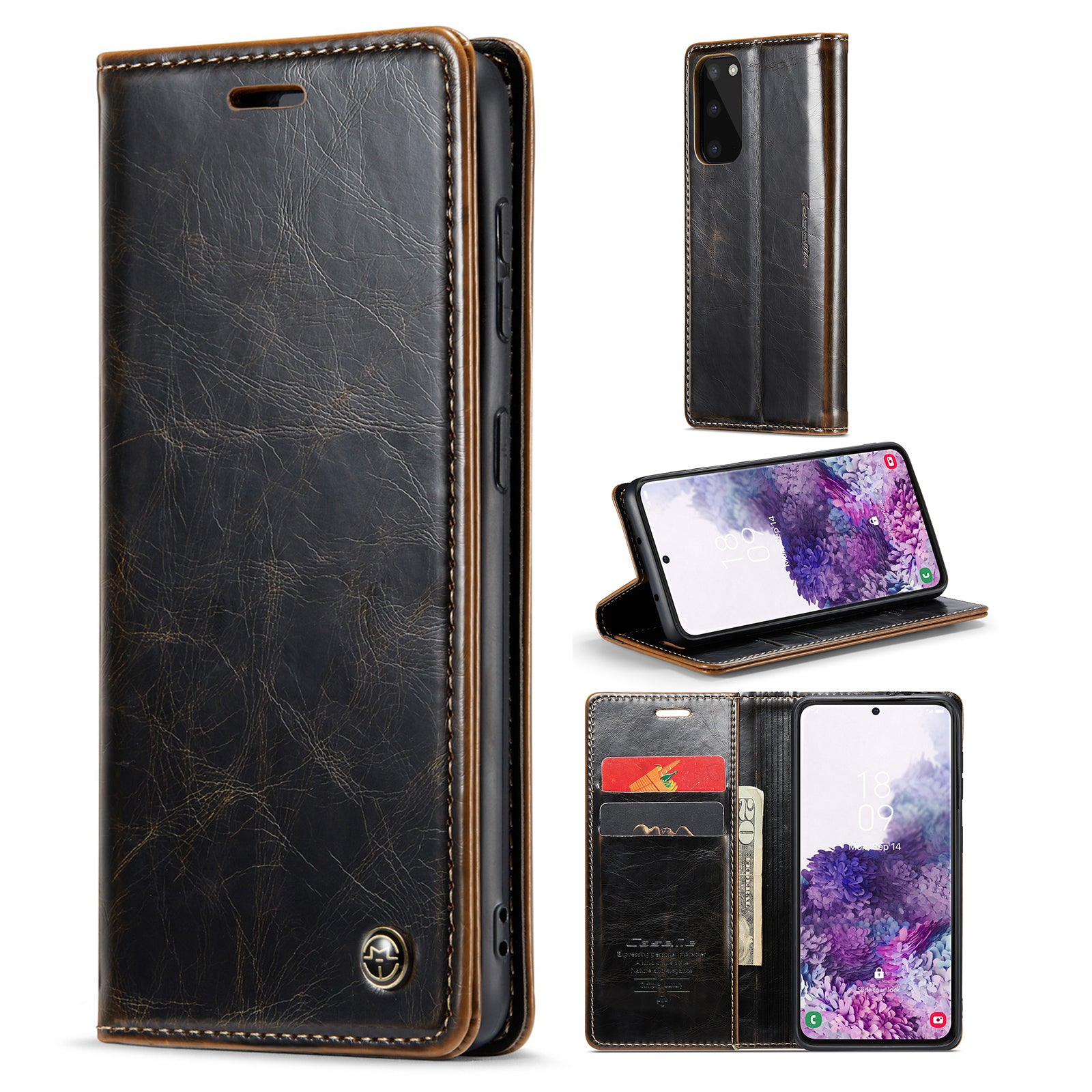 CASEME 003 Series For Samsung Galaxy S20 4G / 5G Waxy Texture Magnetic Auto-absorbed PU Leather Case Wallet Stand Phone Cover - Coffee