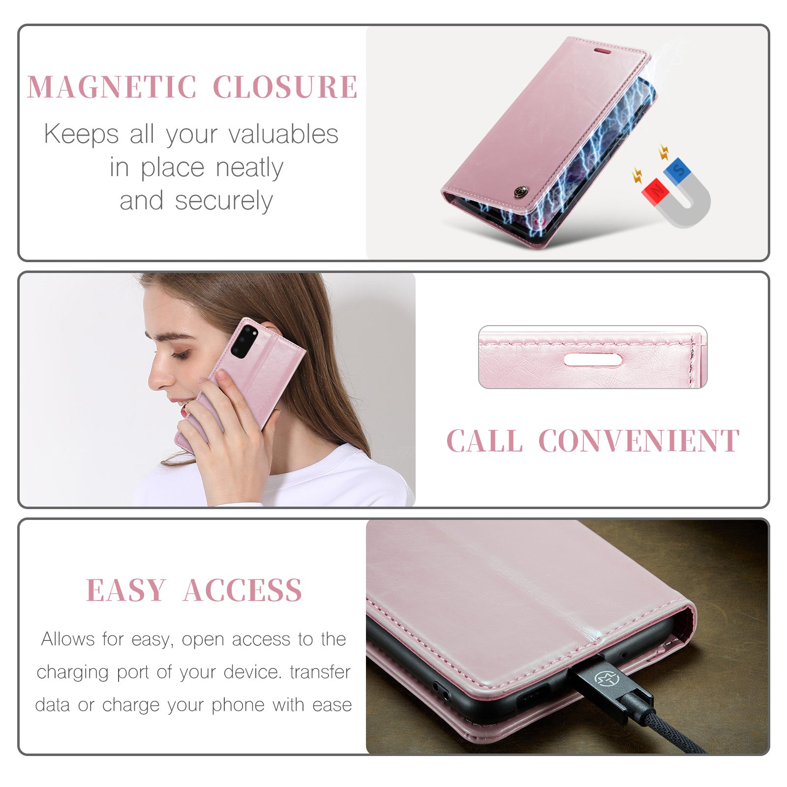 CASEME 003 Series For Samsung Galaxy S20 4G / 5G Waxy Texture Magnetic Auto-absorbed PU Leather Case Wallet Stand Phone Cover - Pink