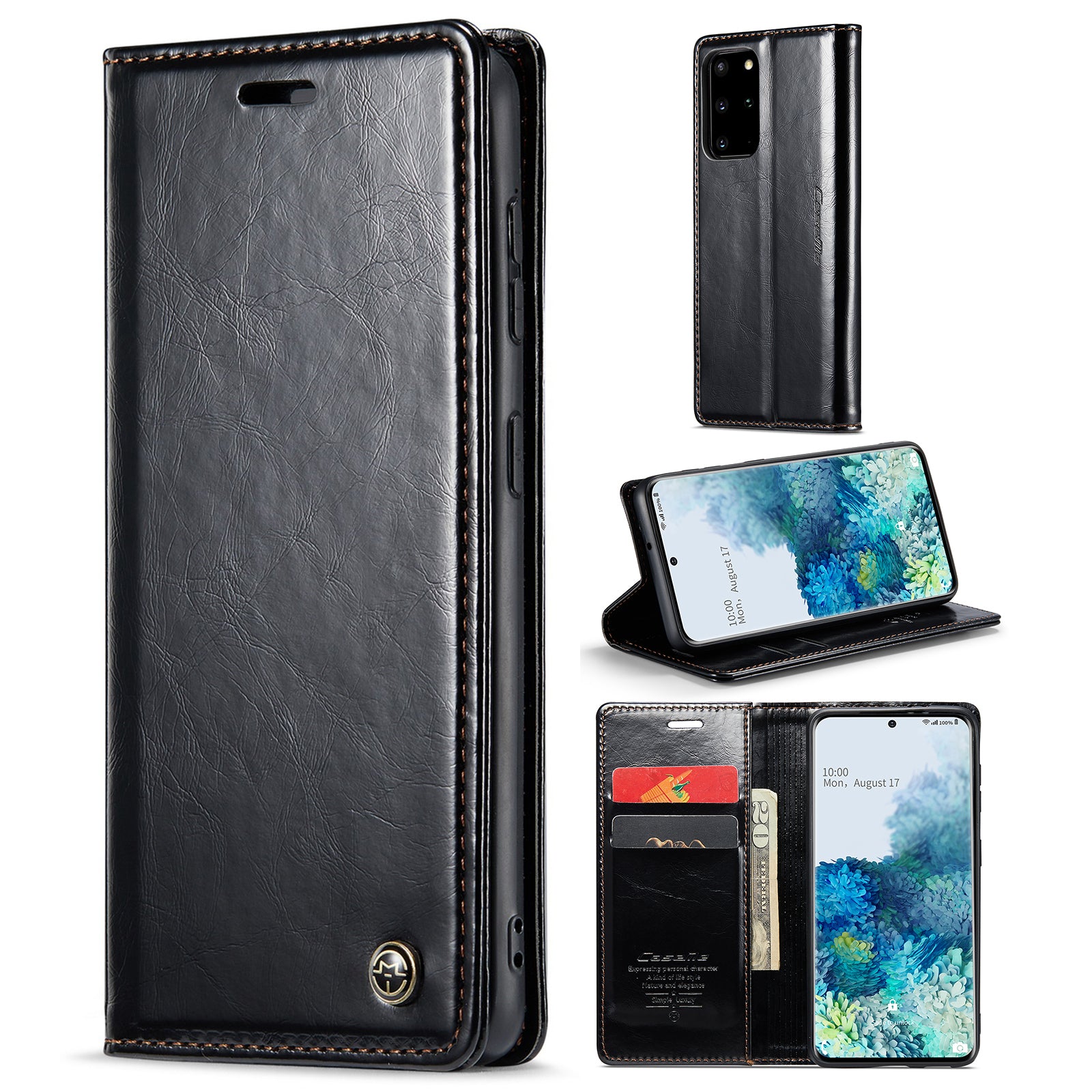 CASEME 003 Series Anti-drop PU Leather Phone Case For Samsung Galaxy S20 Plus 4G / 5G Waxy Texture Magnetic Auto-absorbed Wallet Stand Phone Cover - Black