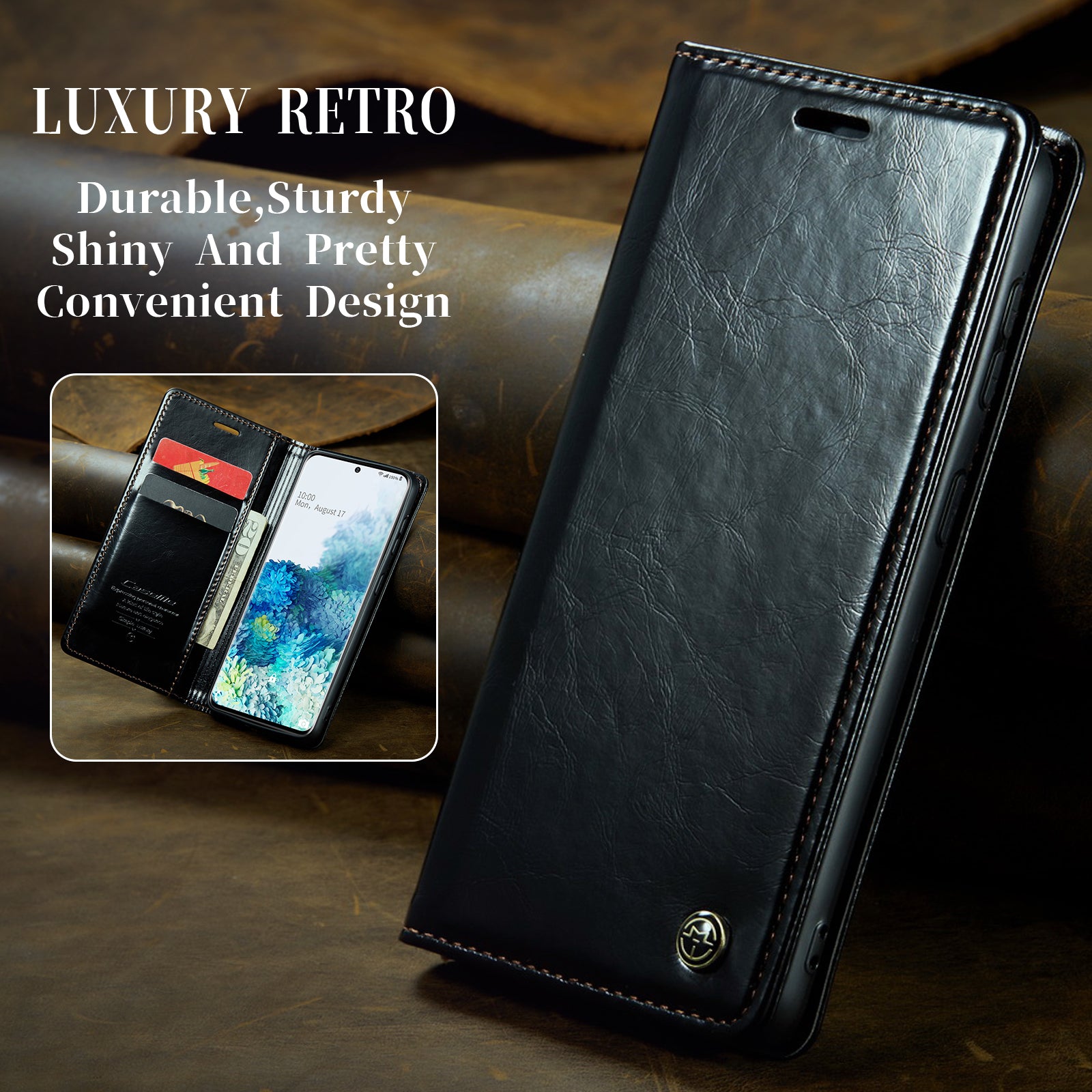 CASEME 003 Series Anti-drop PU Leather Phone Case For Samsung Galaxy S20 Plus 4G / 5G Waxy Texture Magnetic Auto-absorbed Wallet Stand Phone Cover - Black