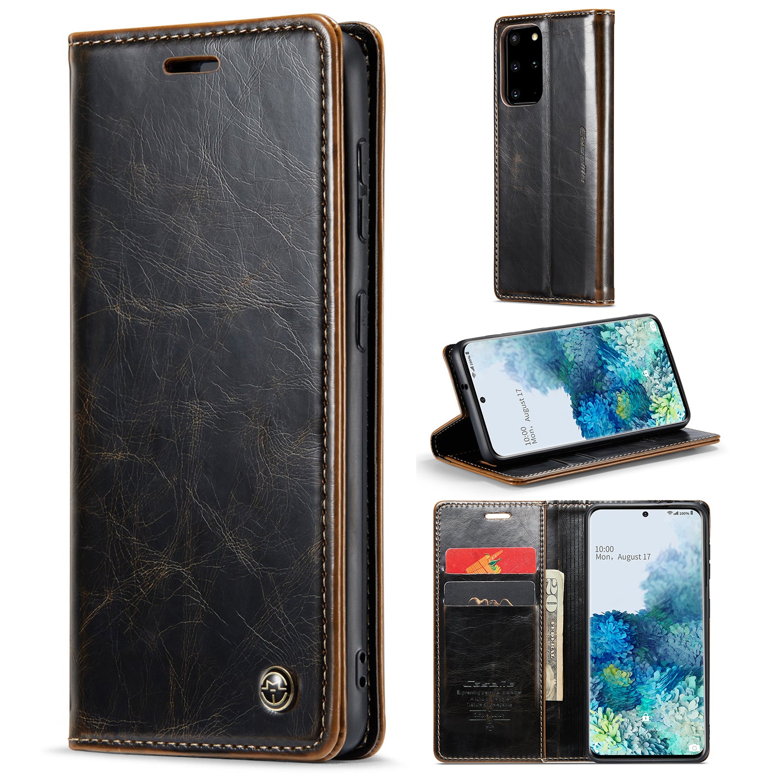 CASEME 003 Series Anti-drop PU Leather Phone Case For Samsung Galaxy S20 Plus 4G / 5G Waxy Texture Magnetic Auto-absorbed Wallet Stand Phone Cover - Coffee