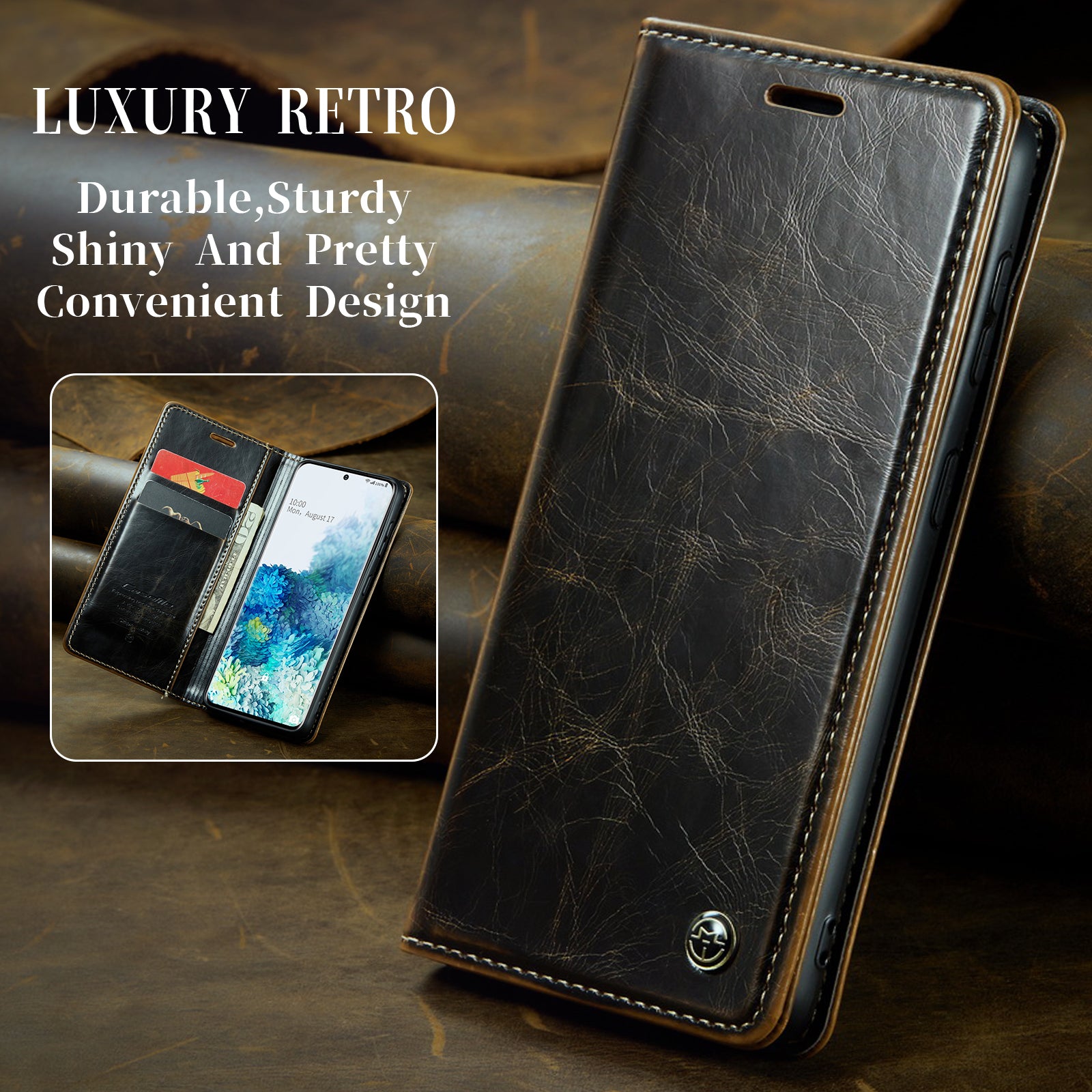 CASEME 003 Series Anti-drop PU Leather Phone Case For Samsung Galaxy S20 Plus 4G / 5G Waxy Texture Magnetic Auto-absorbed Wallet Stand Phone Cover - Coffee