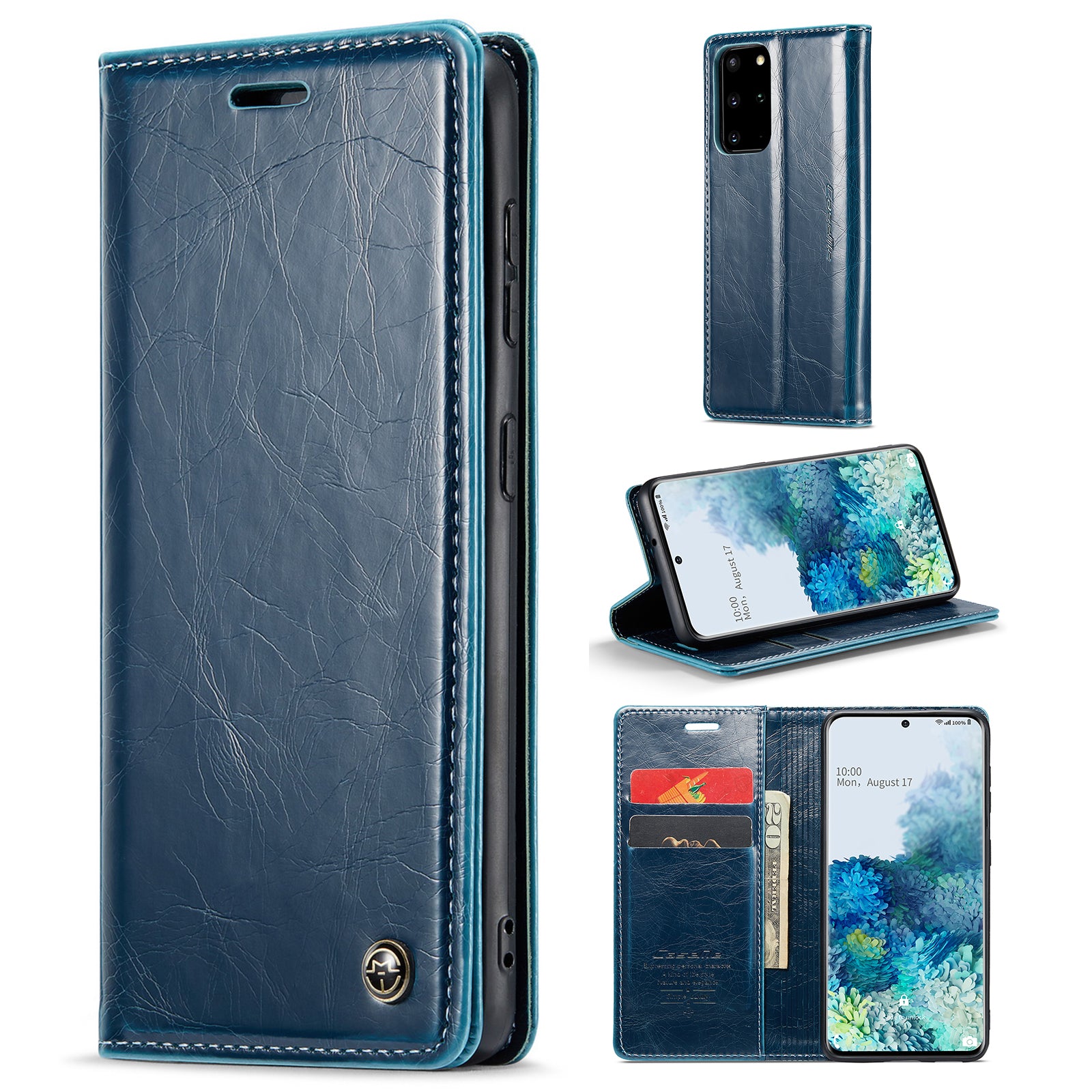 CASEME 003 Series Anti-drop PU Leather Phone Case For Samsung Galaxy S20 Plus 4G / 5G Waxy Texture Magnetic Auto-absorbed Wallet Stand Phone Cover - Blue