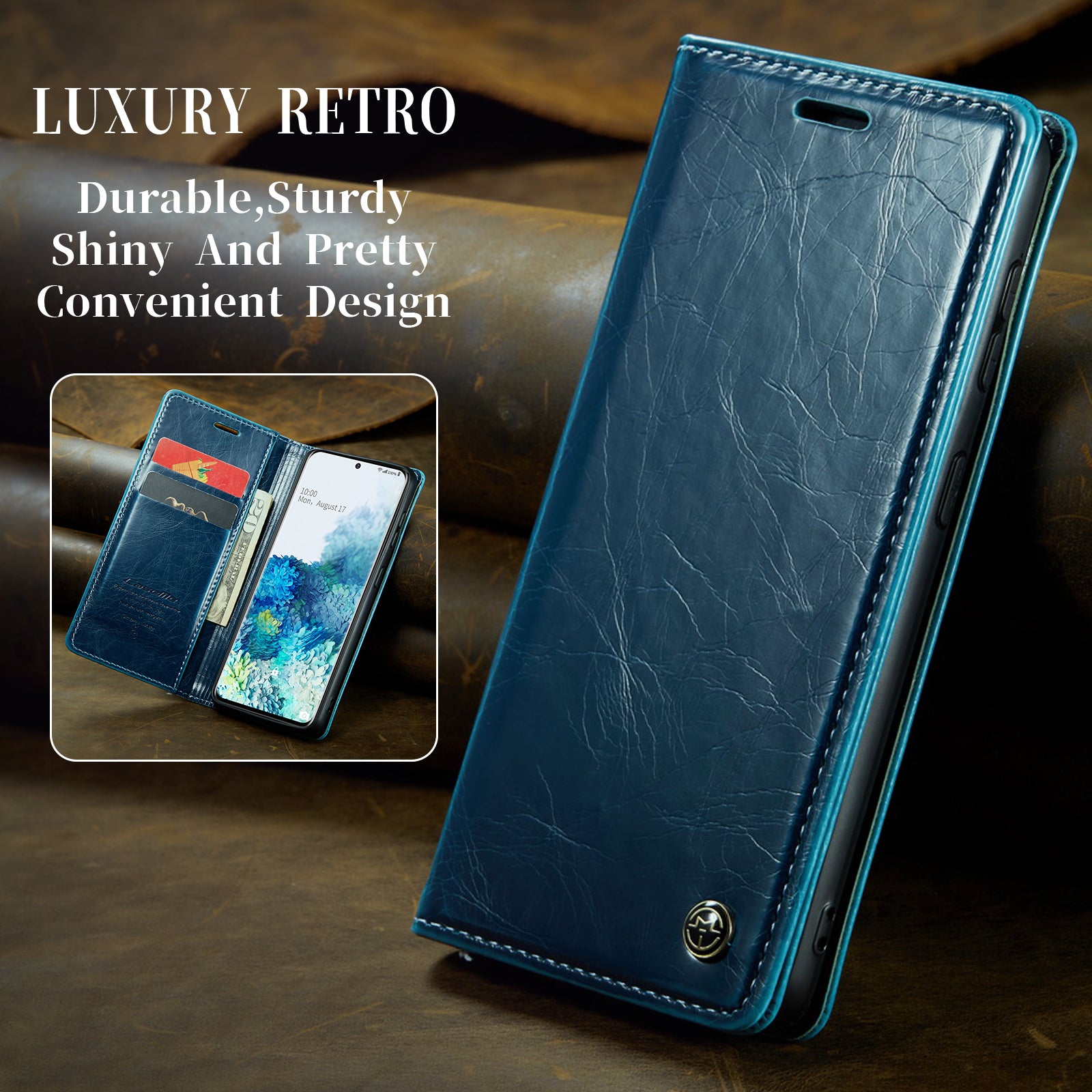 CASEME 003 Series Anti-drop PU Leather Phone Case For Samsung Galaxy S20 Plus 4G / 5G Waxy Texture Magnetic Auto-absorbed Wallet Stand Phone Cover - Blue