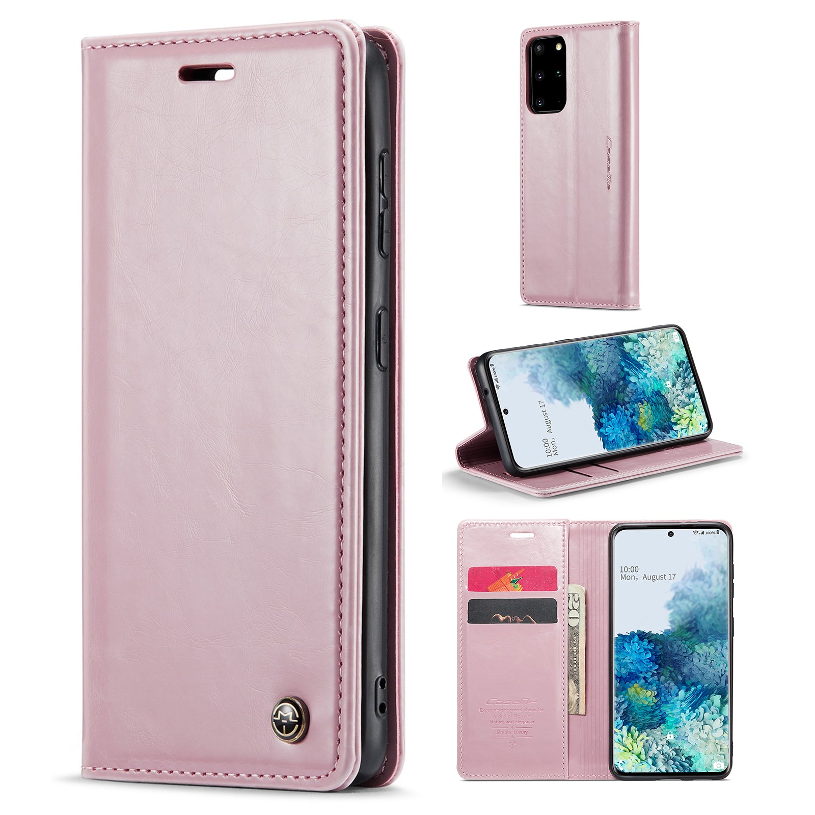 CASEME 003 Series Anti-drop PU Leather Phone Case For Samsung Galaxy S20 Plus 4G / 5G Waxy Texture Magnetic Auto-absorbed Wallet Stand Phone Cover - Pink