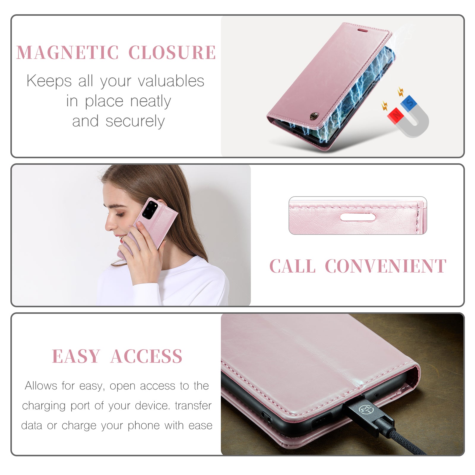 CASEME 003 Series Anti-drop PU Leather Phone Case For Samsung Galaxy S20 Plus 4G / 5G Waxy Texture Magnetic Auto-absorbed Wallet Stand Phone Cover - Pink