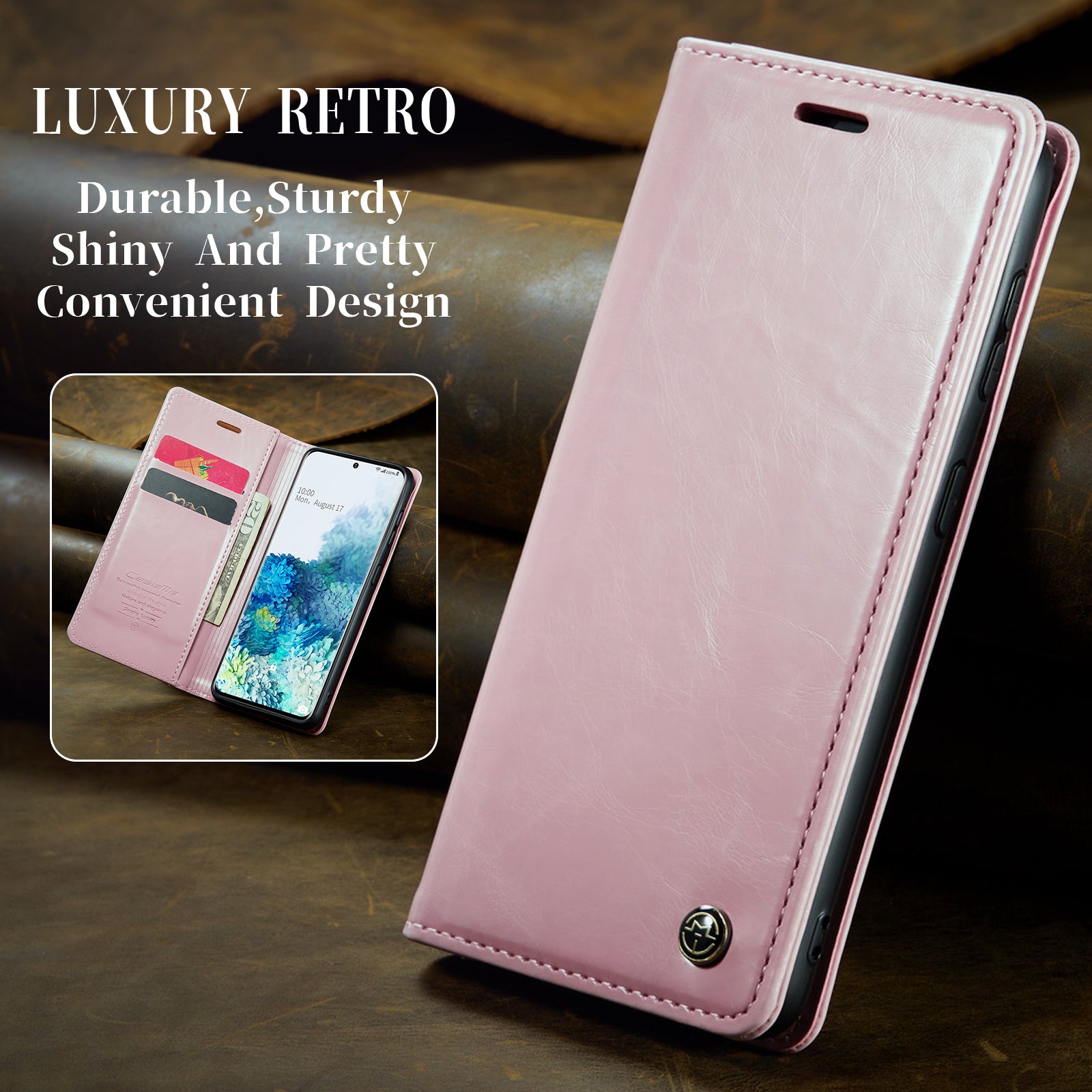 CASEME 003 Series Anti-drop PU Leather Phone Case For Samsung Galaxy S20 Plus 4G / 5G Waxy Texture Magnetic Auto-absorbed Wallet Stand Phone Cover - Pink