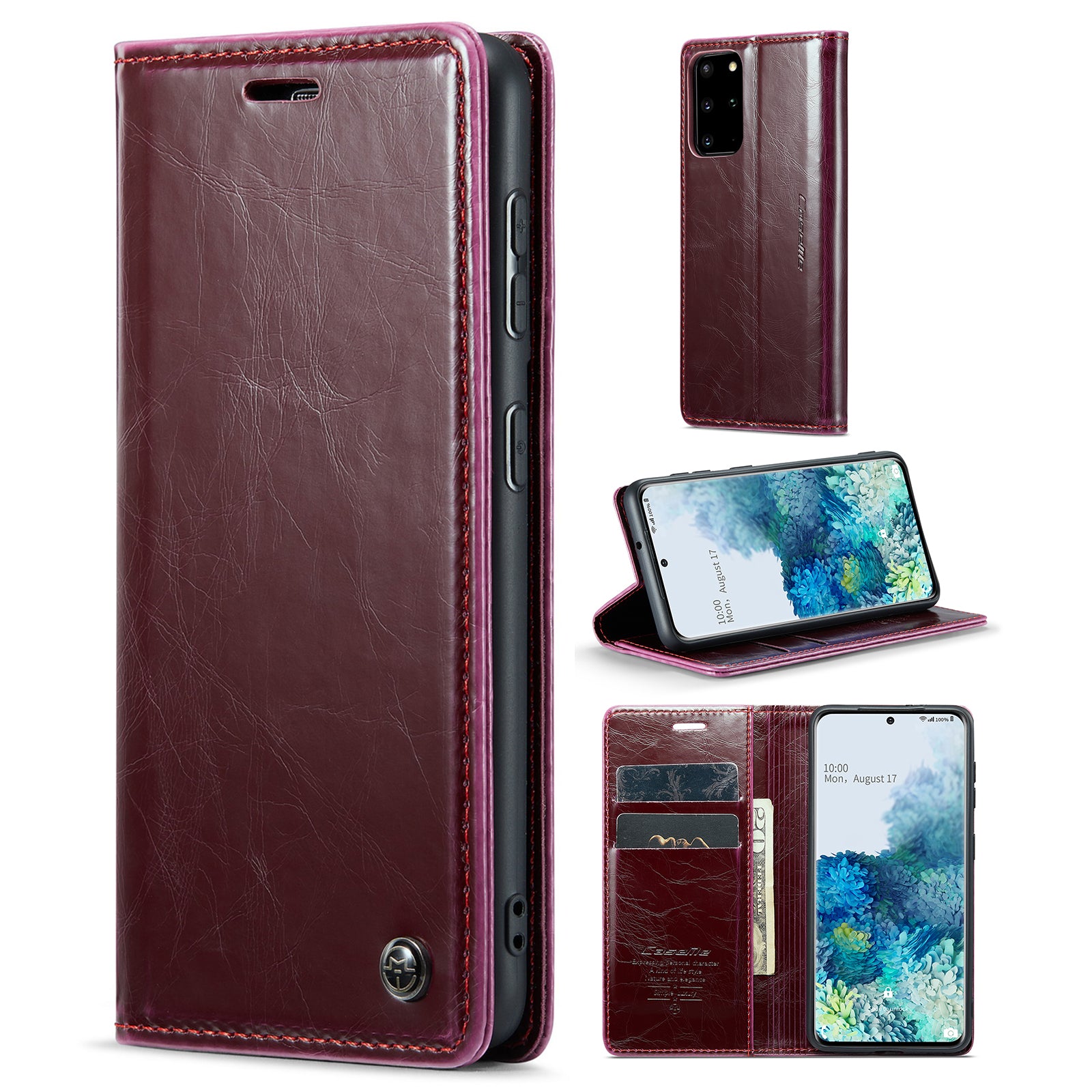 CASEME 003 Series Anti-drop PU Leather Phone Case For Samsung Galaxy S20 Plus 4G / 5G Waxy Texture Magnetic Auto-absorbed Wallet Stand Phone Cover - Red