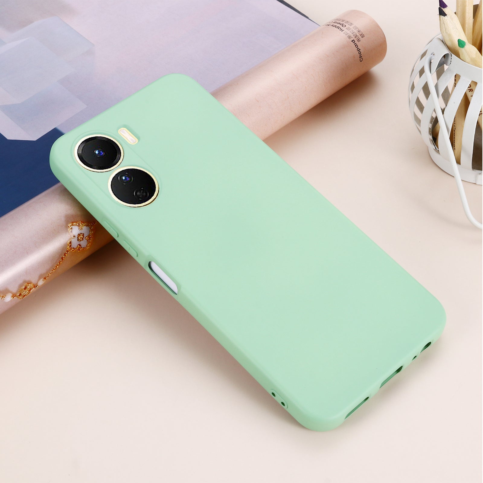 For vivo Y16 4G Phone Case, Liquid Silicone + Soft Lining Protective Back Cover with Strap - Green