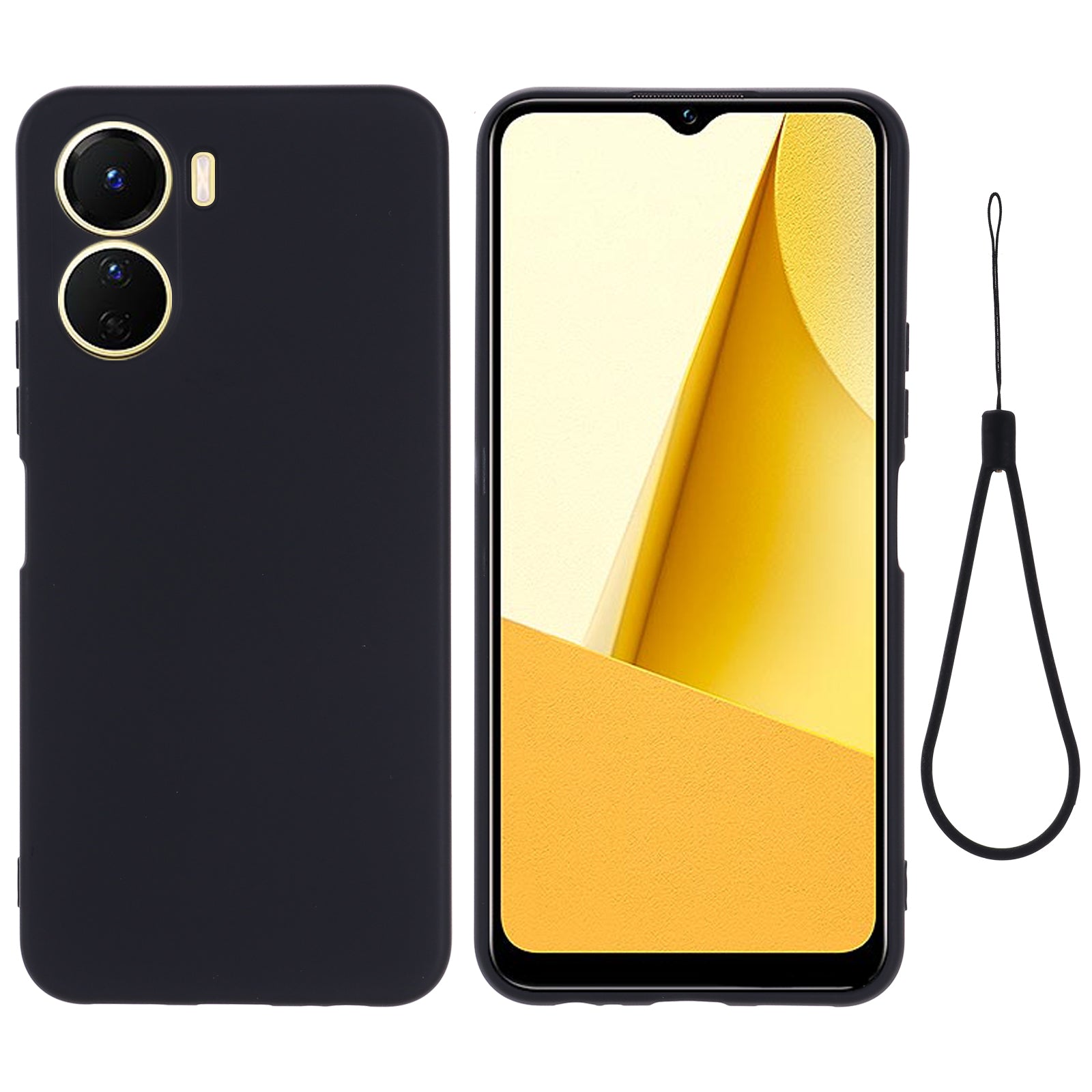 For vivo Y16 4G Phone Case, Liquid Silicone + Soft Lining Protective Back Cover with Strap - Black