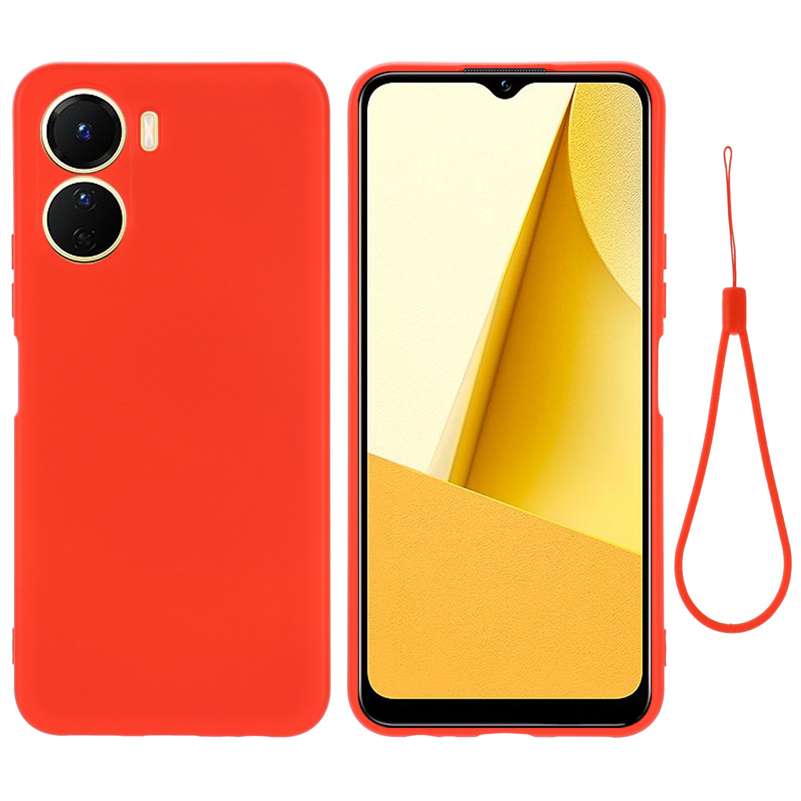 For vivo Y16 4G Phone Case, Liquid Silicone + Soft Lining Protective Back Cover with Strap - Red