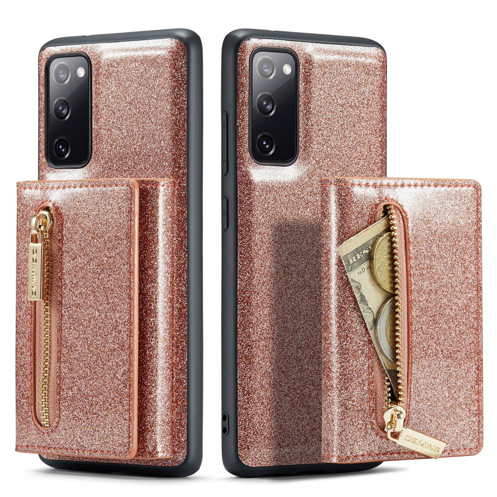 DG.MING M3 Series For Samsung Galaxy S20 FE 4G / 5G / S20 FE 2022 / S20 Lite 2-in-1 Glittery PU Leather Coated PC+TPU Back Case Kickstand Design Magnetic Detachable Zipper Wallet Phone Cover - Rose Gold