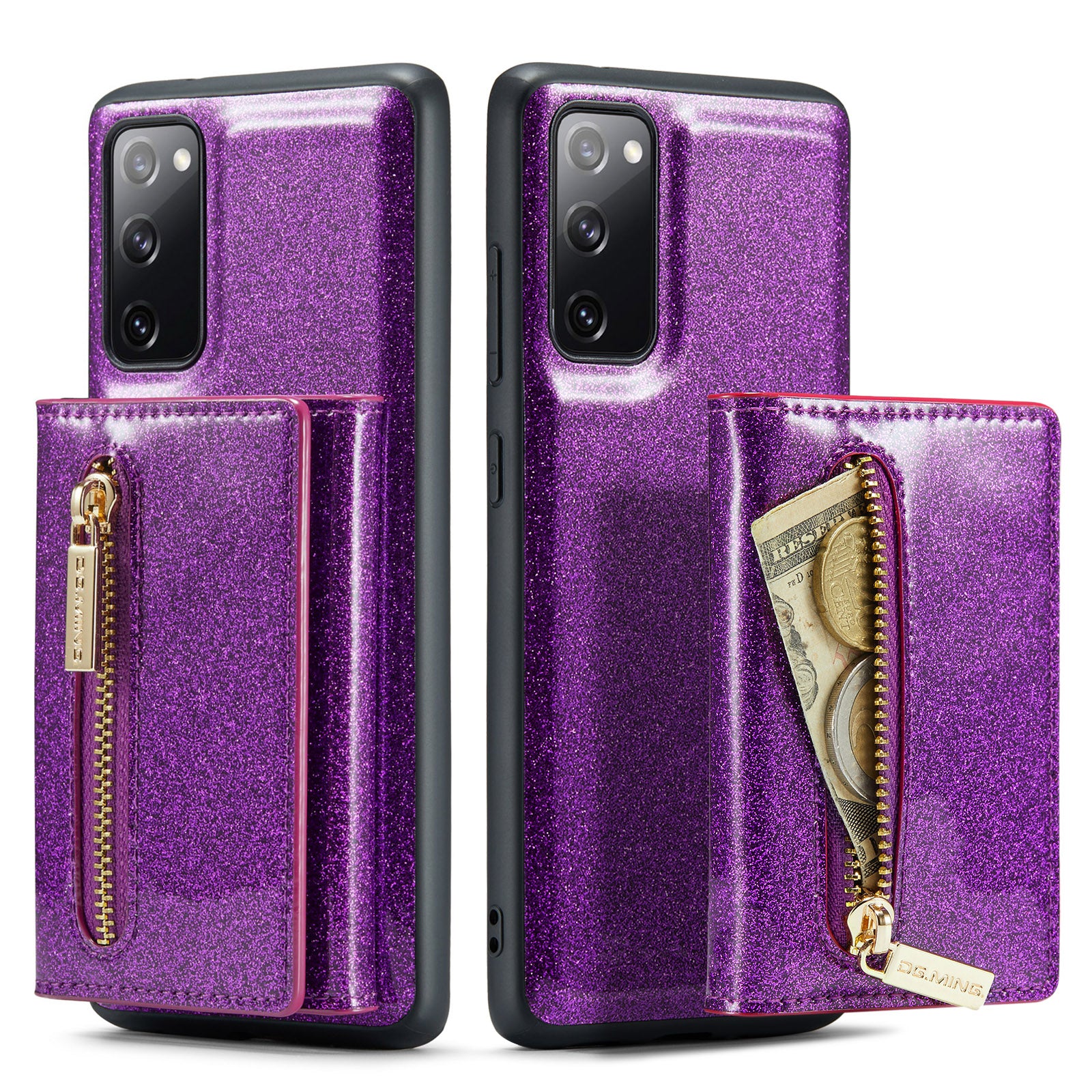 DG.MING M3 Series For Samsung Galaxy S20 FE 4G / 5G / S20 FE 2022 / S20 Lite 2-in-1 Glittery PU Leather Coated PC+TPU Back Case Kickstand Design Magnetic Detachable Zipper Wallet Phone Cover - Dark Purple