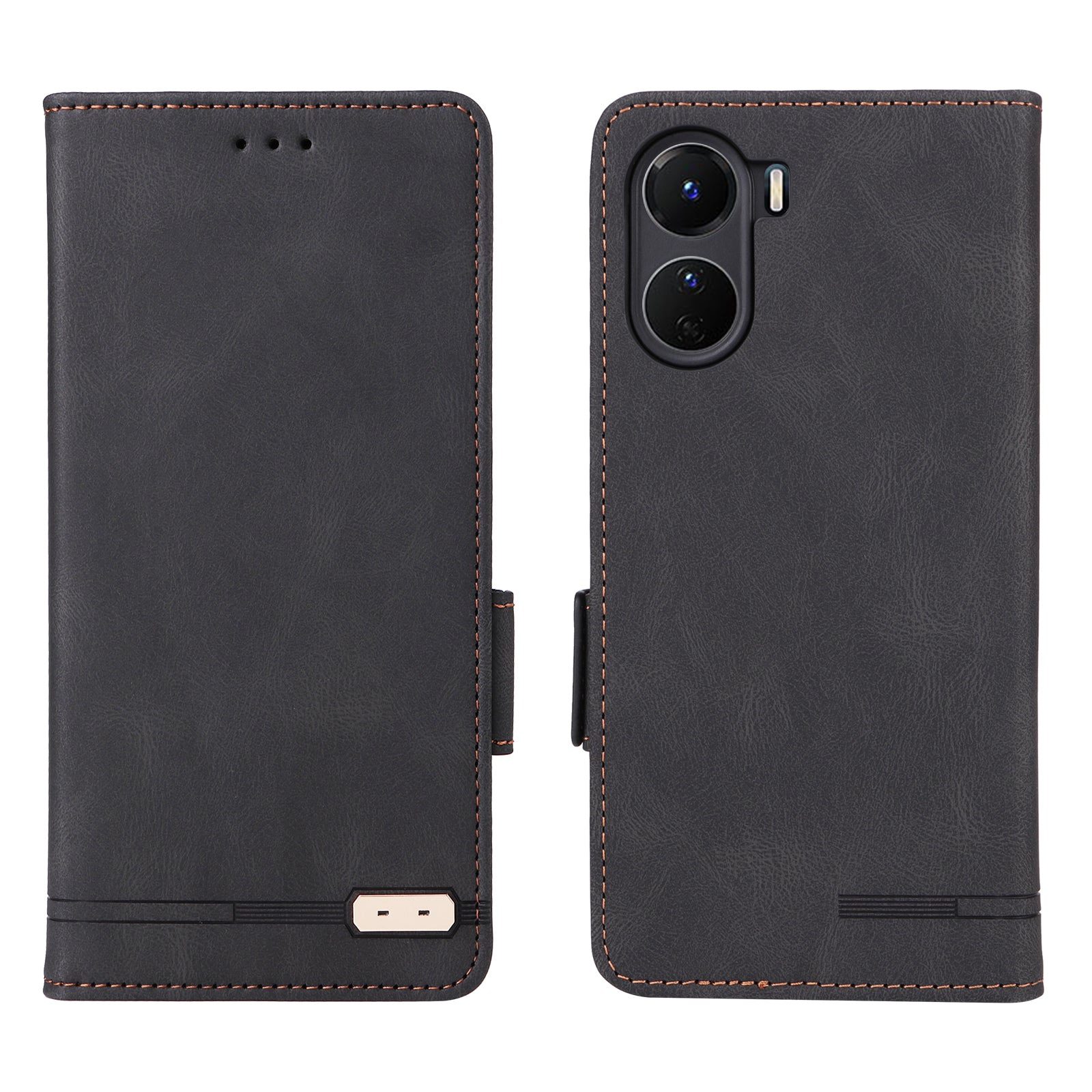 For vivo Y16 4G PU Leather Anti-drop Case Hardware Decor Dual Magnetic Clasp Wallet Stand Phone Cover - Black