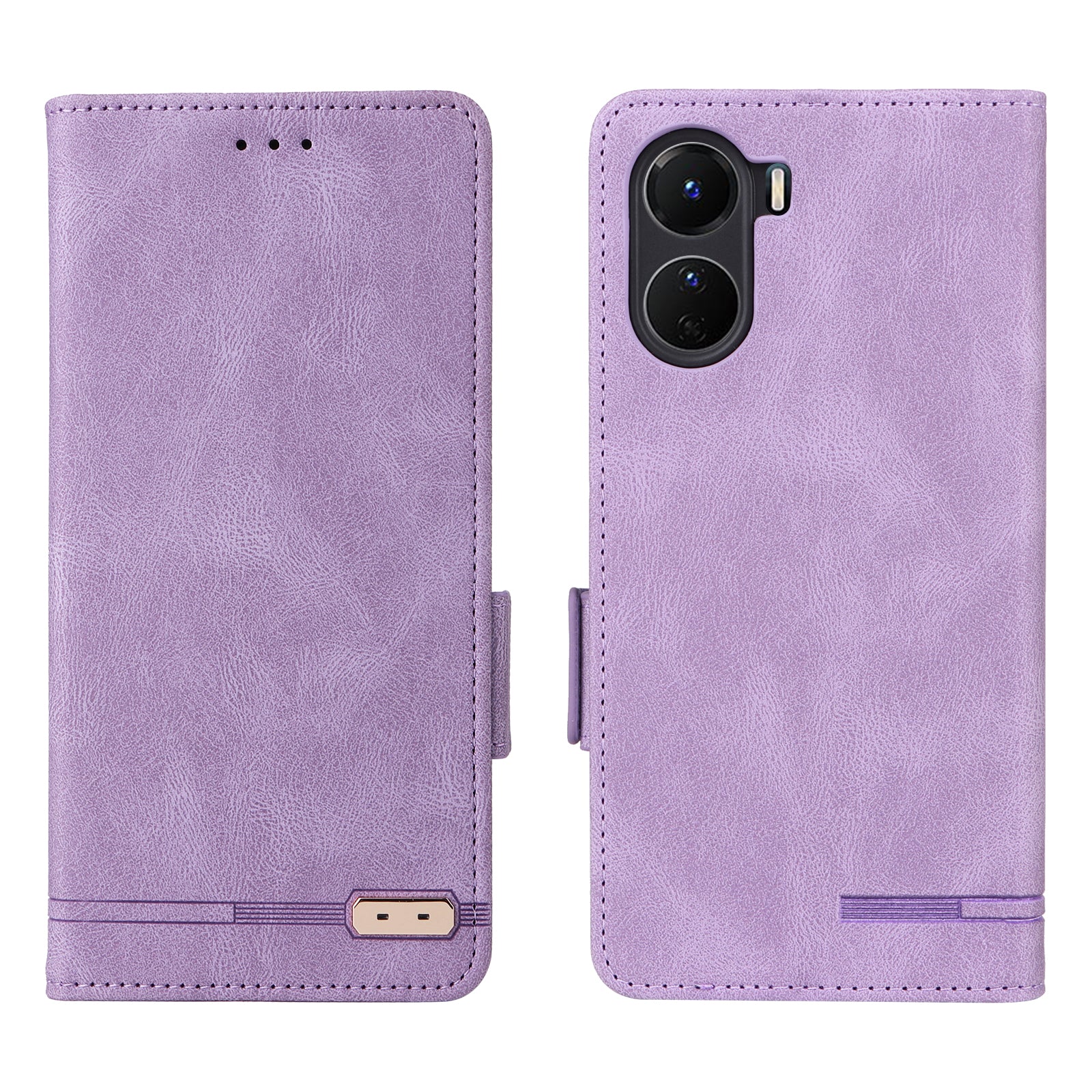 For vivo Y16 4G PU Leather Anti-drop Case Hardware Decor Dual Magnetic Clasp Wallet Stand Phone Cover - Purple