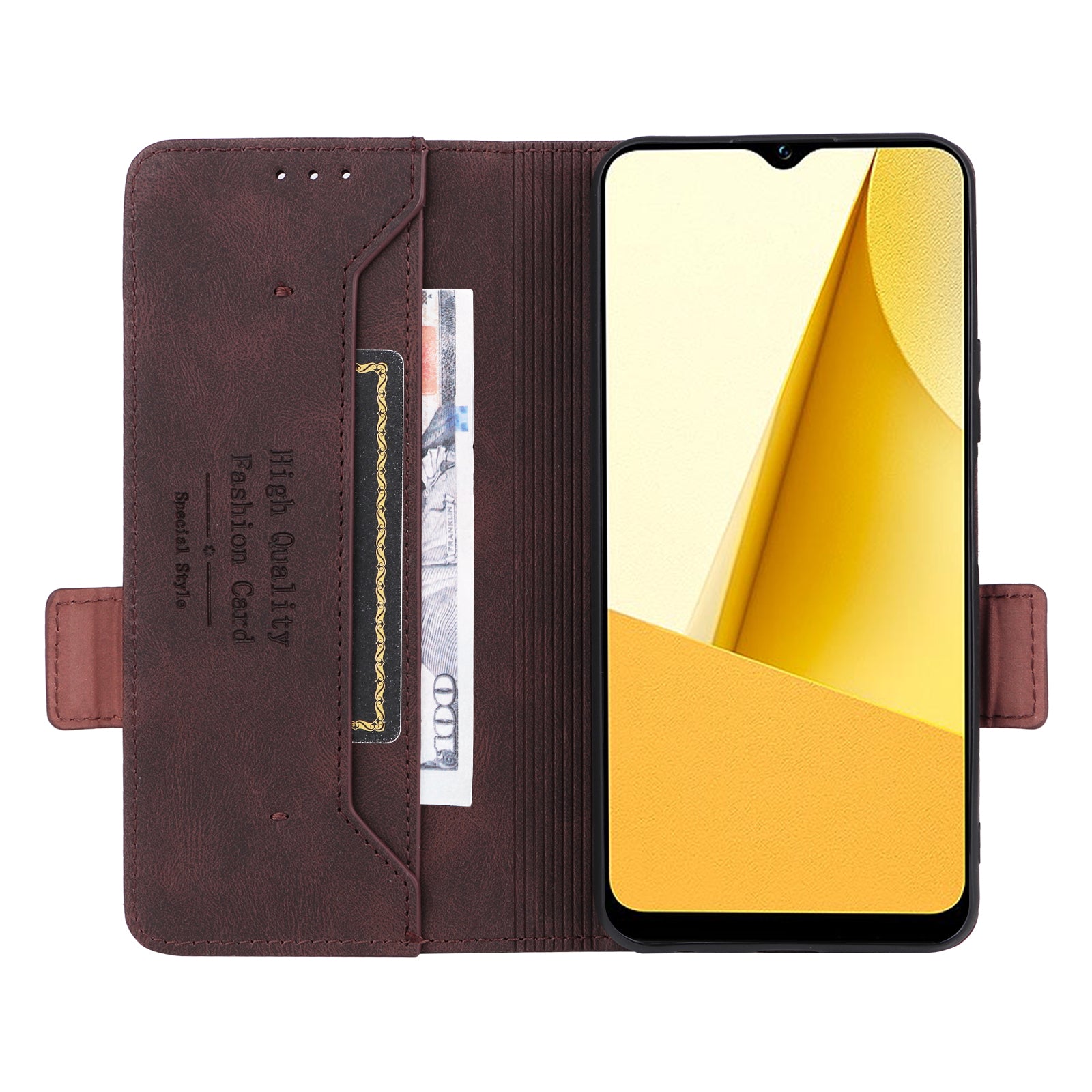 For vivo Y16 4G PU Leather Anti-drop Case Hardware Decor Dual Magnetic Clasp Wallet Stand Phone Cover - Coffee