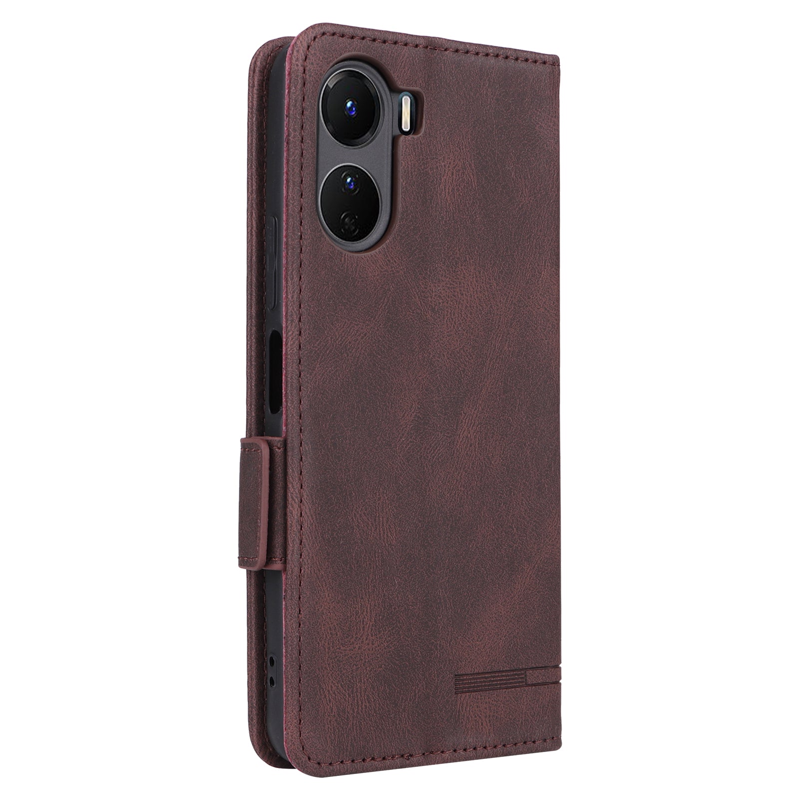 For vivo Y16 4G PU Leather Anti-drop Case Hardware Decor Dual Magnetic Clasp Wallet Stand Phone Cover - Coffee