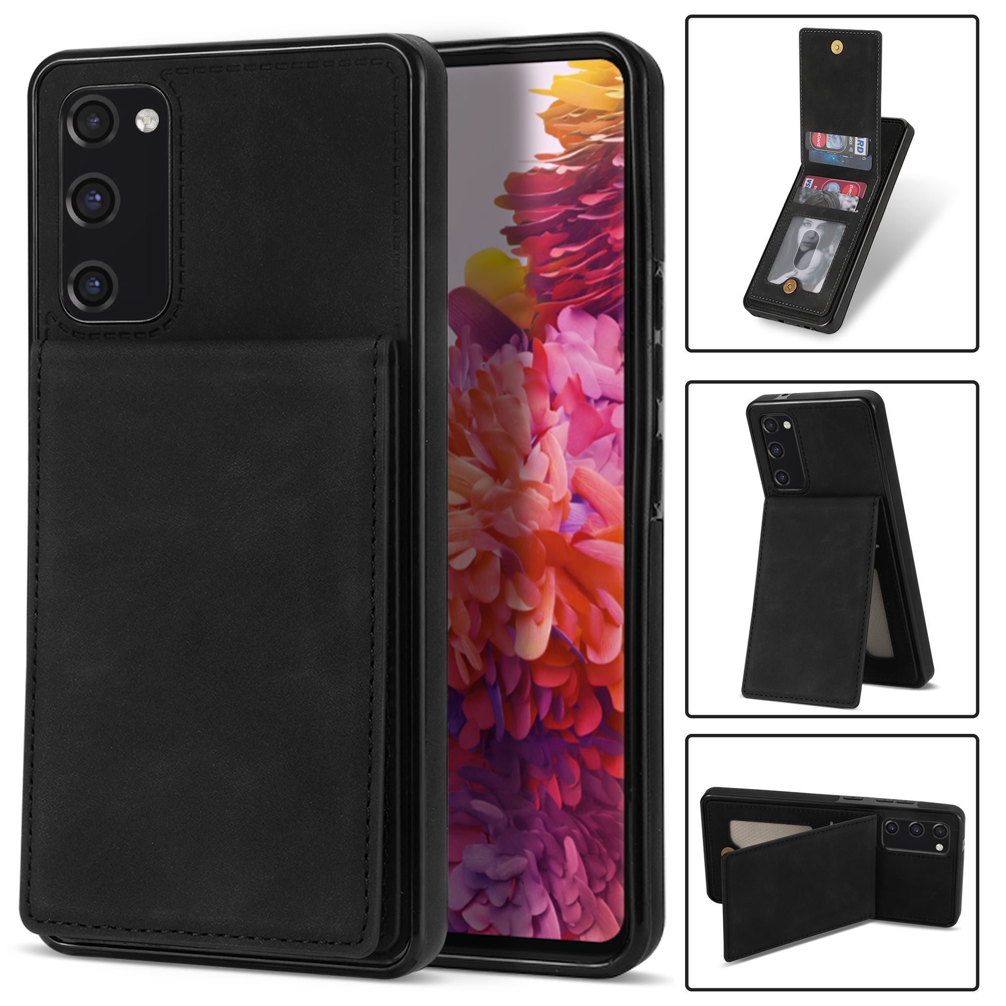 Back Cover for Samsung Galaxy S20 FE 4G / 5G / FE 2022 / S20 Lite, Solid Color Kickstand Phone Case RFID Blocking Multiple Card Slots Vertical Flip PU Leather Coated TPU Shell - Black