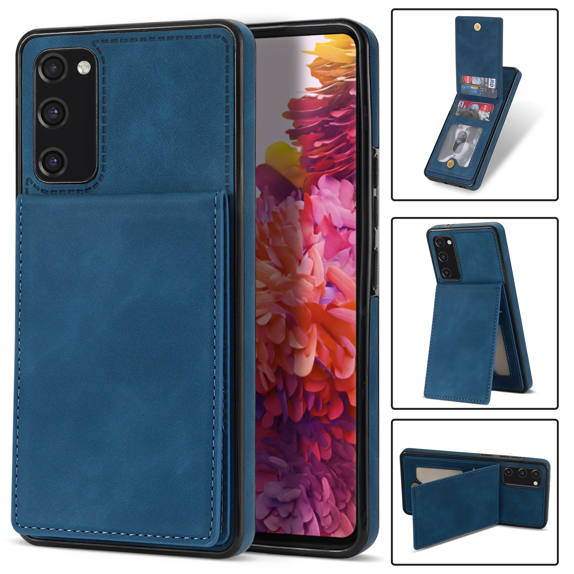 Back Cover for Samsung Galaxy S20 FE 4G / 5G / FE 2022 / S20 Lite, Solid Color Kickstand Phone Case RFID Blocking Multiple Card Slots Vertical Flip PU Leather Coated TPU Shell - Blue