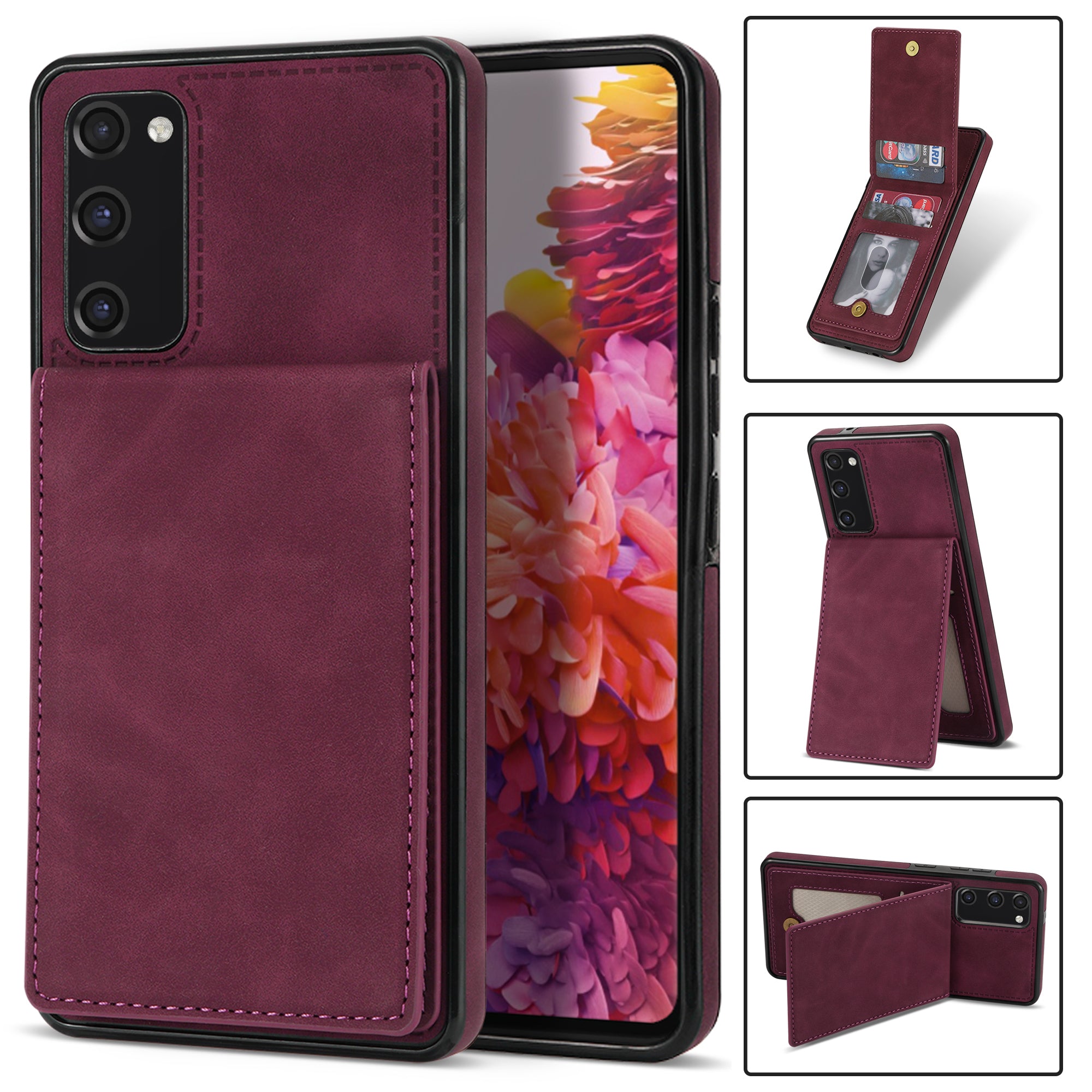 Back Cover for Samsung Galaxy S20 FE 4G / 5G / FE 2022 / S20 Lite, Solid Color Kickstand Phone Case RFID Blocking Multiple Card Slots Vertical Flip PU Leather Coated TPU Shell - Wine Red