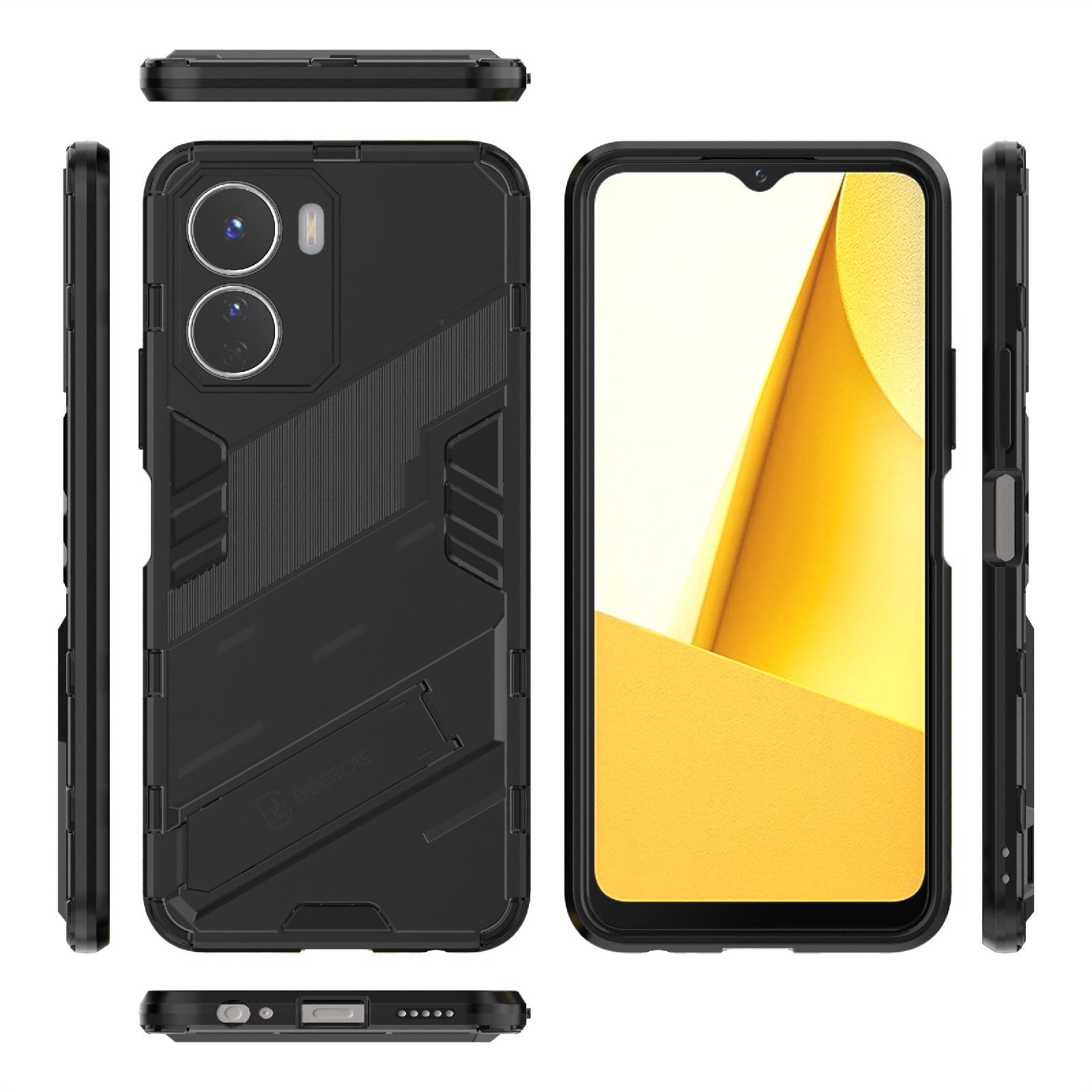 For vivo Y16 4G Kickstand Phone Case Dual-Layer Design Soft TPU Hard PC Shockproof Protective Cover - Black