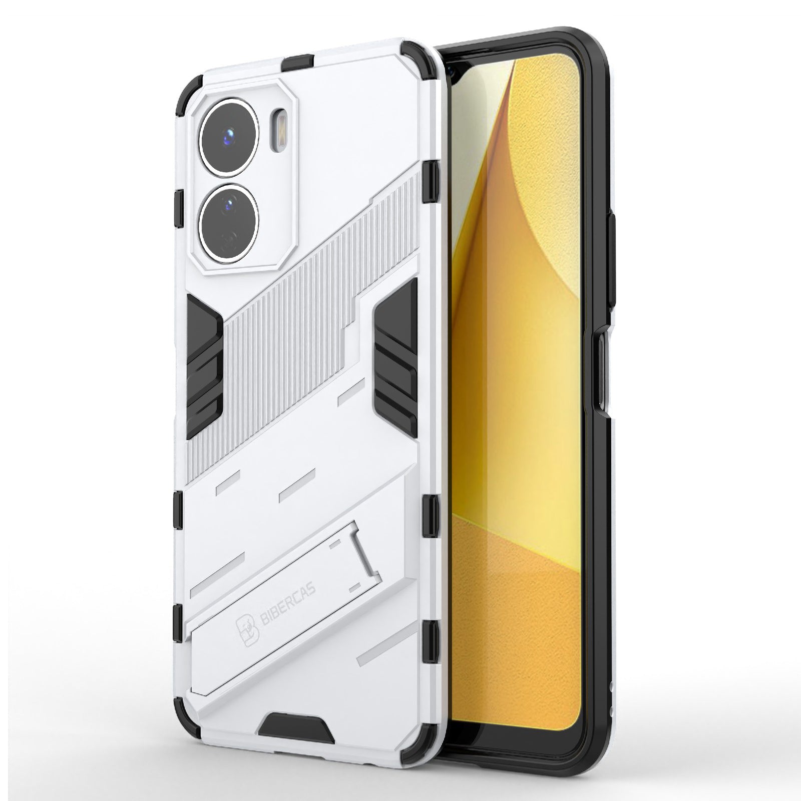 For vivo Y16 4G Kickstand Phone Case Dual-Layer Design Soft TPU Hard PC Shockproof Protective Cover - White