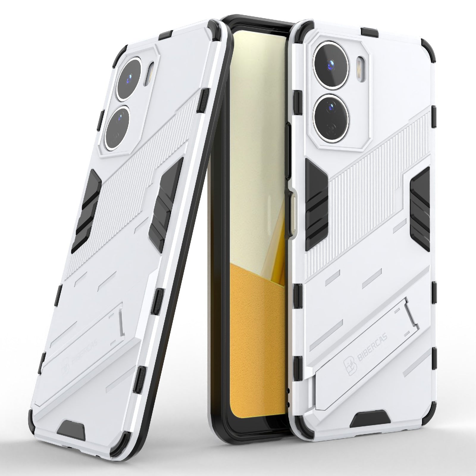 For vivo Y16 4G Kickstand Phone Case Dual-Layer Design Soft TPU Hard PC Shockproof Protective Cover - White