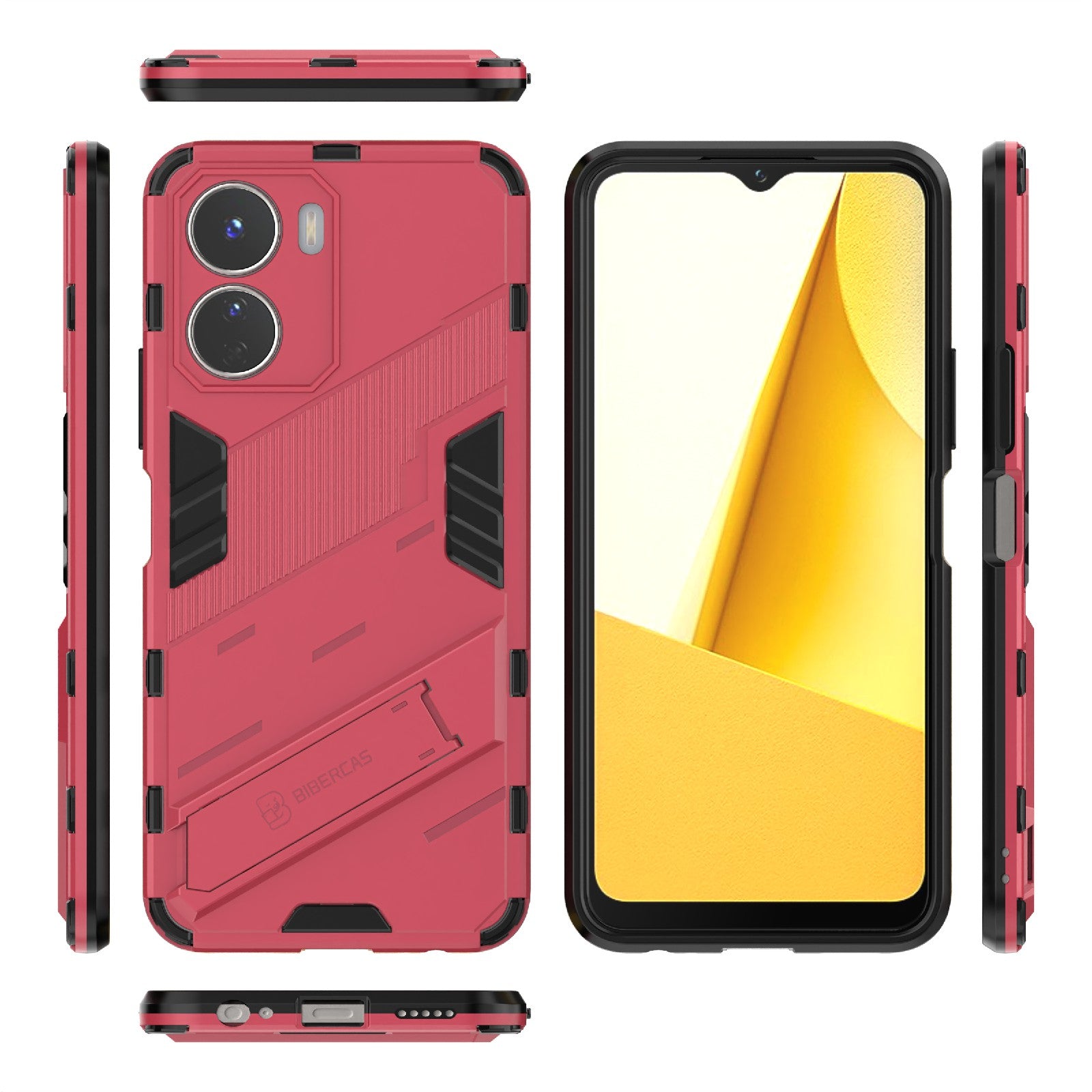 For vivo Y16 4G Kickstand Phone Case Dual-Layer Design Soft TPU Hard PC Shockproof Protective Cover - Rose