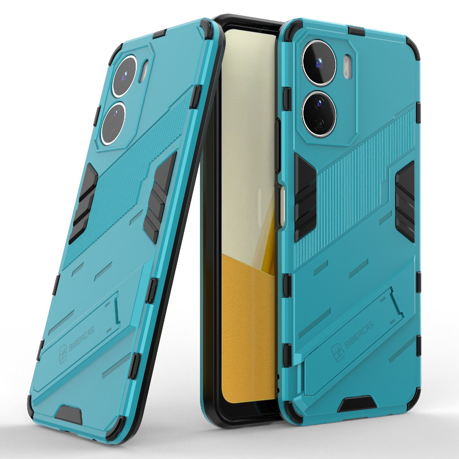 For vivo Y16 4G Kickstand Phone Case Dual-Layer Design Soft TPU Hard PC Shockproof Protective Cover - Baby Blue