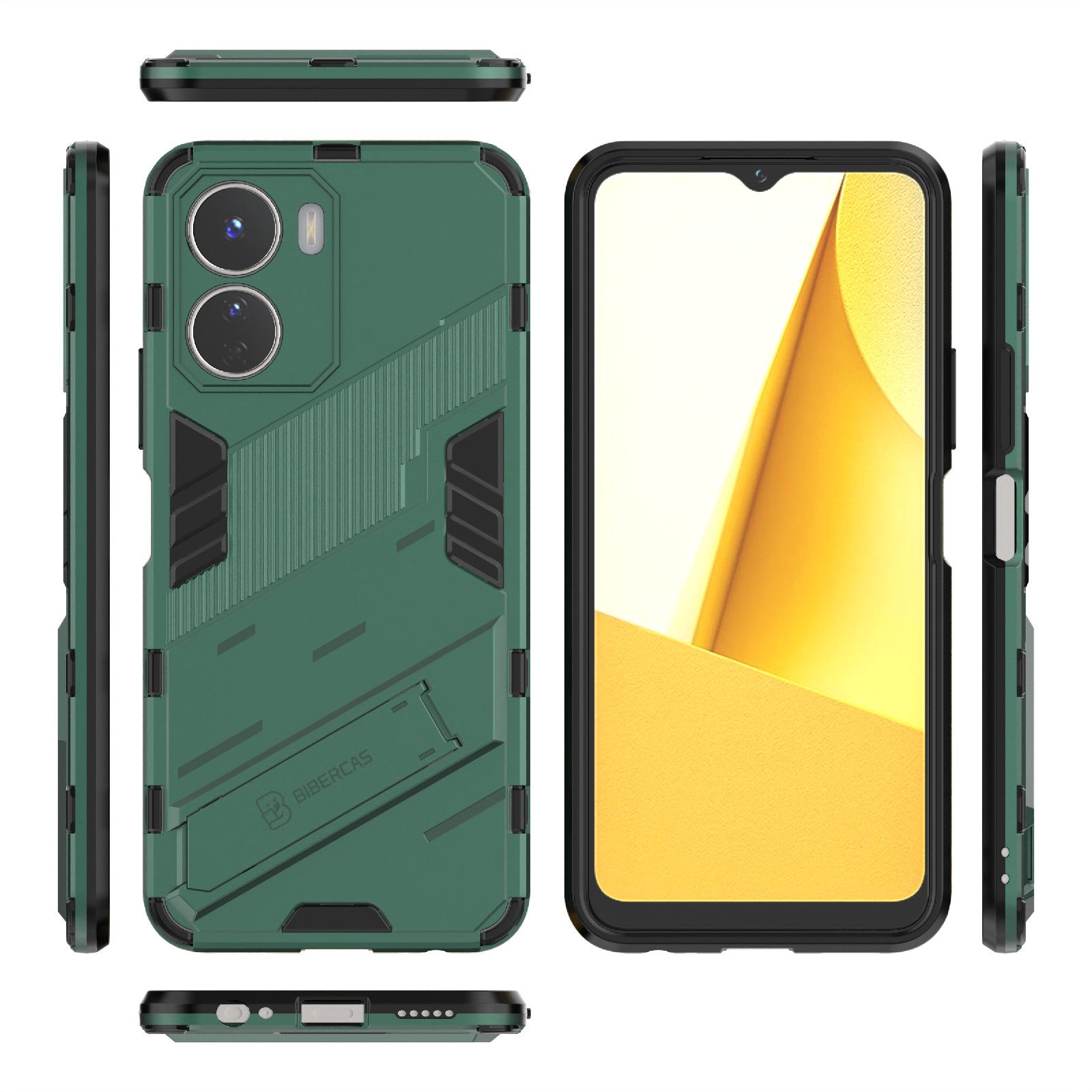 For vivo Y16 4G Kickstand Phone Case Dual-Layer Design Soft TPU Hard PC Shockproof Protective Cover - Green