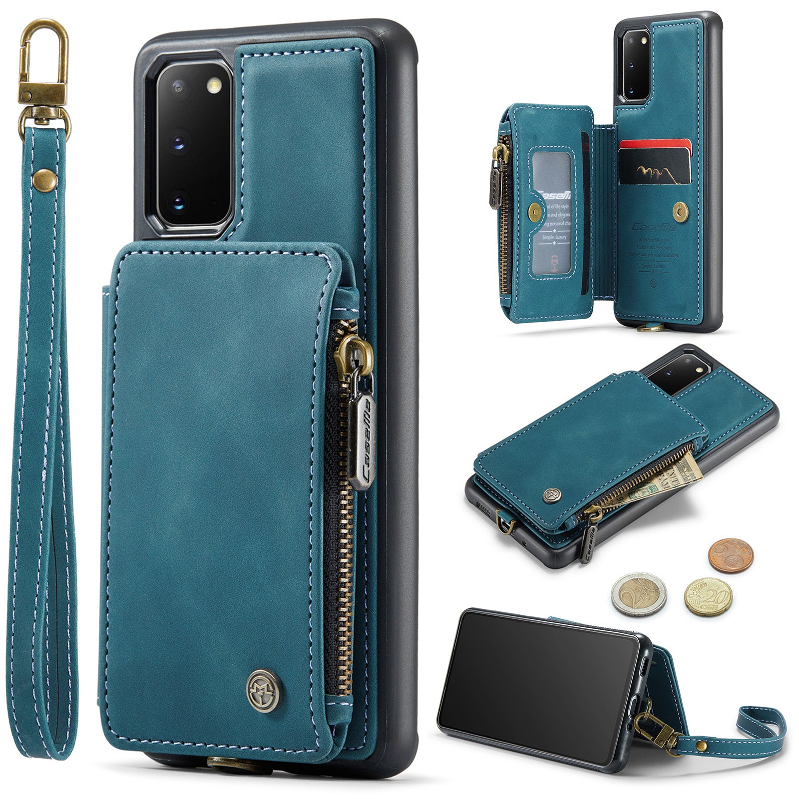 CASEME C20 Series for Samsung Galaxy S20 5G / 4G Wallet Zipper Pocket Phone Case RFID Blocking PU Leather Coated TPU Kickstand Cover - Blue