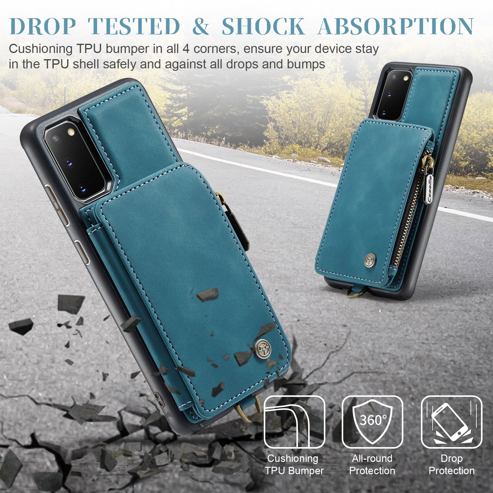 CASEME C20 Series for Samsung Galaxy S20 5G / 4G Wallet Zipper Pocket Phone Case RFID Blocking PU Leather Coated TPU Kickstand Cover - Blue