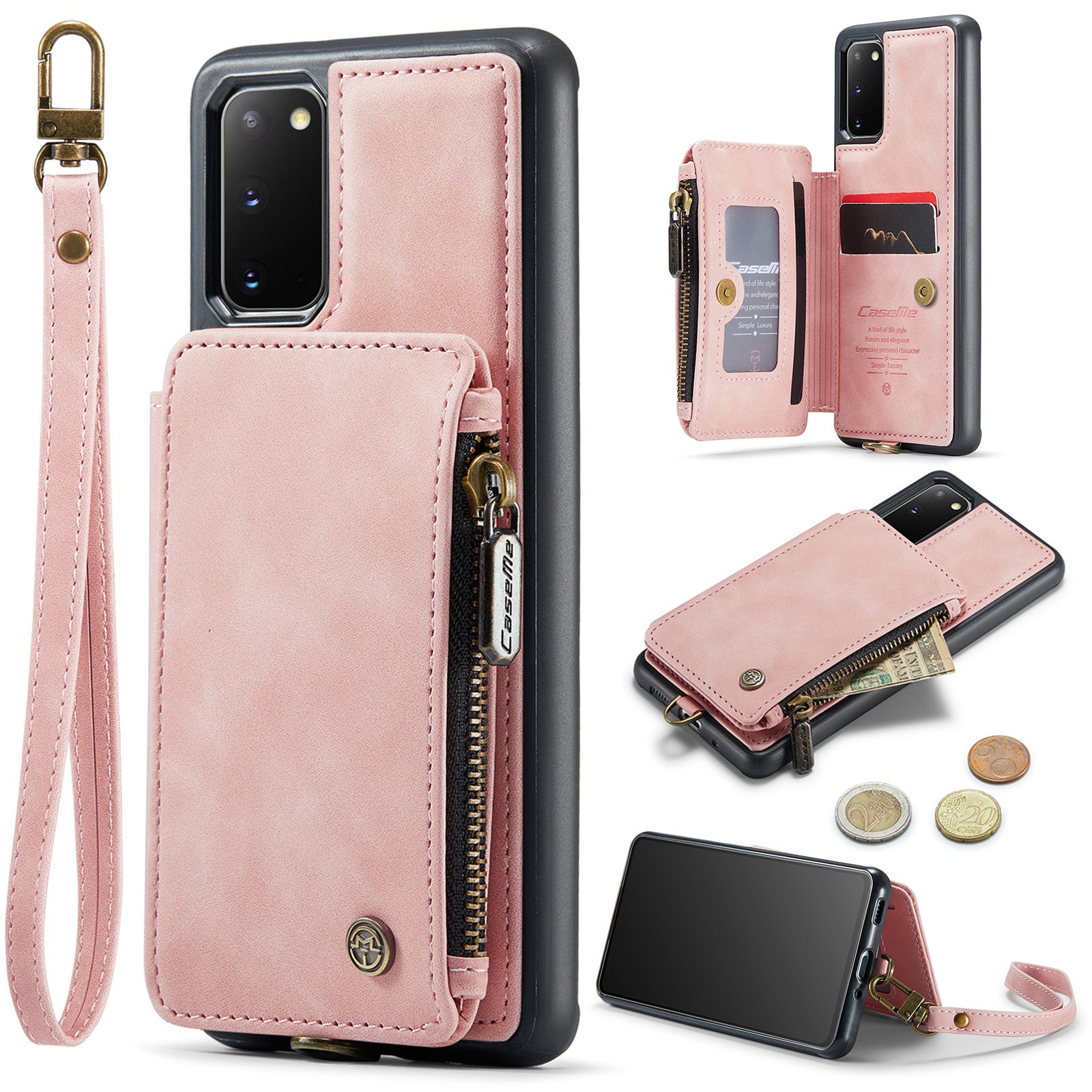 CASEME C20 Series for Samsung Galaxy S20 5G / 4G Wallet Zipper Pocket Phone Case RFID Blocking PU Leather Coated TPU Kickstand Cover - Pink