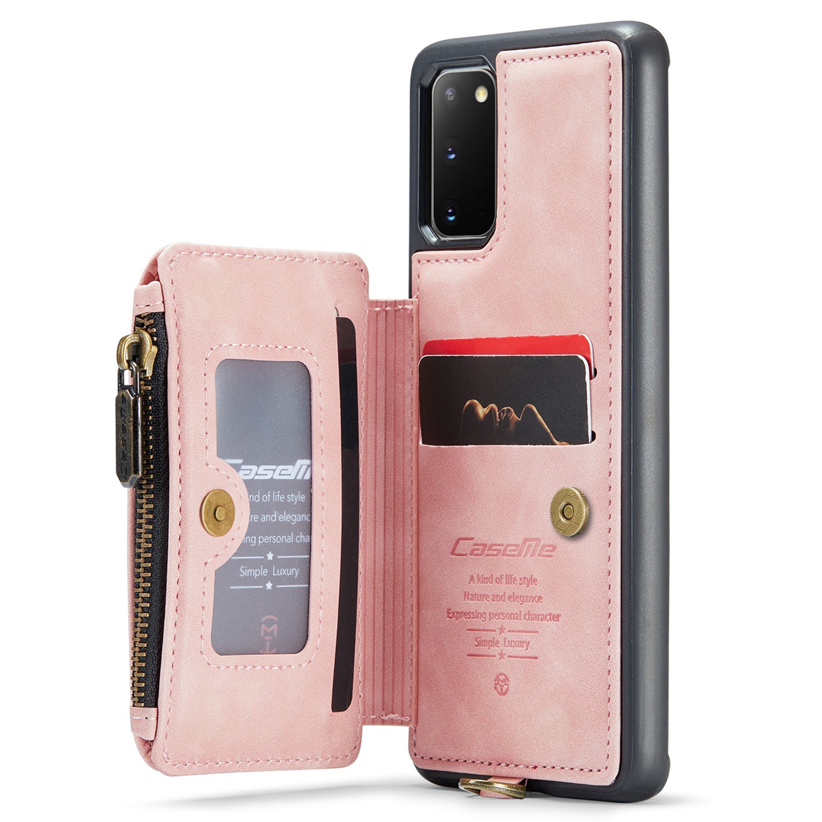 CASEME C20 Series for Samsung Galaxy S20 5G / 4G Wallet Zipper Pocket Phone Case RFID Blocking PU Leather Coated TPU Kickstand Cover - Pink