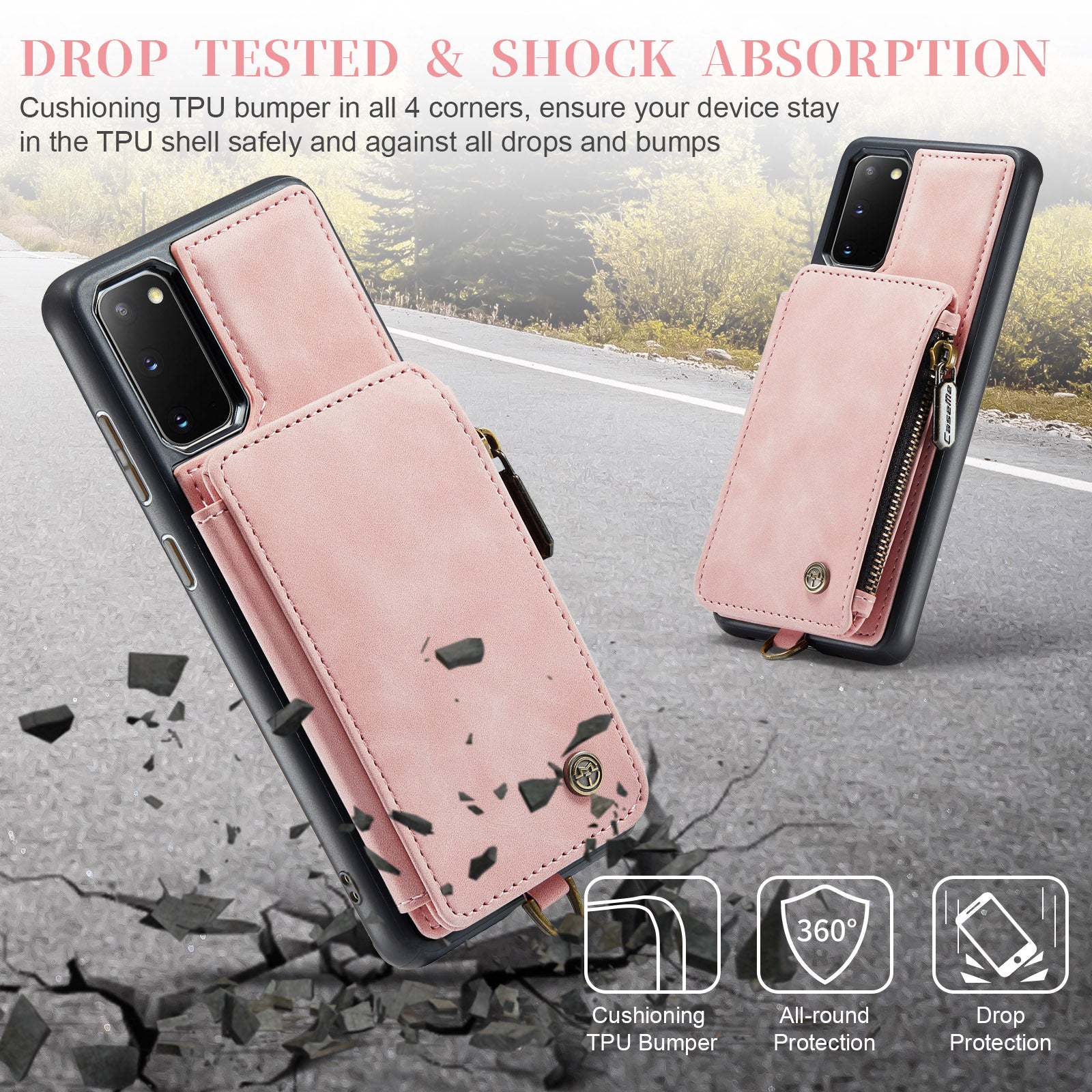 CASEME C20 Series for Samsung Galaxy S20 5G / 4G Wallet Zipper Pocket Phone Case RFID Blocking PU Leather Coated TPU Kickstand Cover - Pink