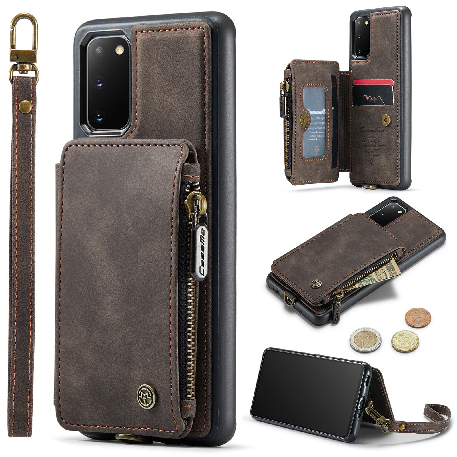 CASEME C20 Series for Samsung Galaxy S20 5G / 4G Wallet Zipper Pocket Phone Case RFID Blocking PU Leather Coated TPU Kickstand Cover - Coffee