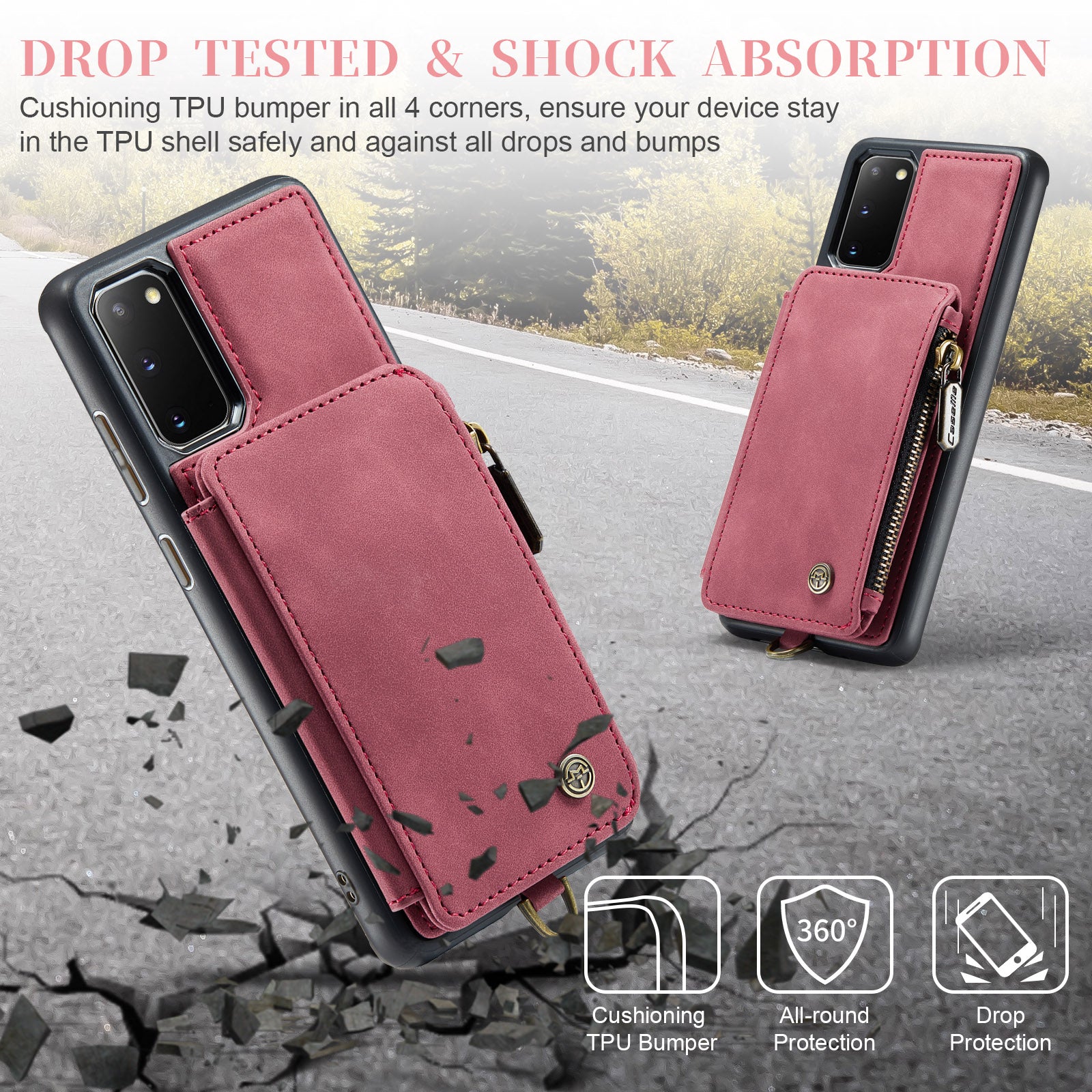 CASEME C20 Series for Samsung Galaxy S20 5G / 4G Wallet Zipper Pocket Phone Case RFID Blocking PU Leather Coated TPU Kickstand Cover - Red