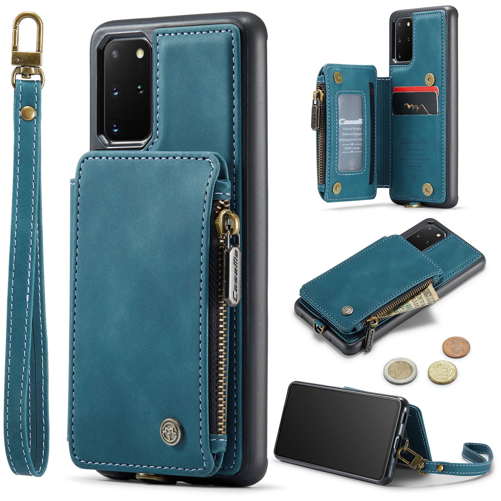 CASEME C20 Series for Samsung Galaxy S20 Plus 5G / 4G RFID Blocking PU Leather Coated TPU Cover Wallet Kickstand Zipper Pocket Phone Case - Blue