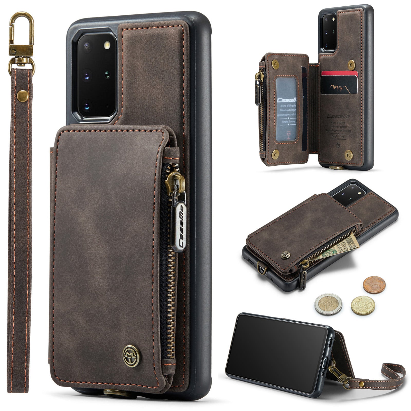 CASEME C20 Series for Samsung Galaxy S20 Plus 5G / 4G RFID Blocking PU Leather Coated TPU Cover Wallet Kickstand Zipper Pocket Phone Case - Coffee